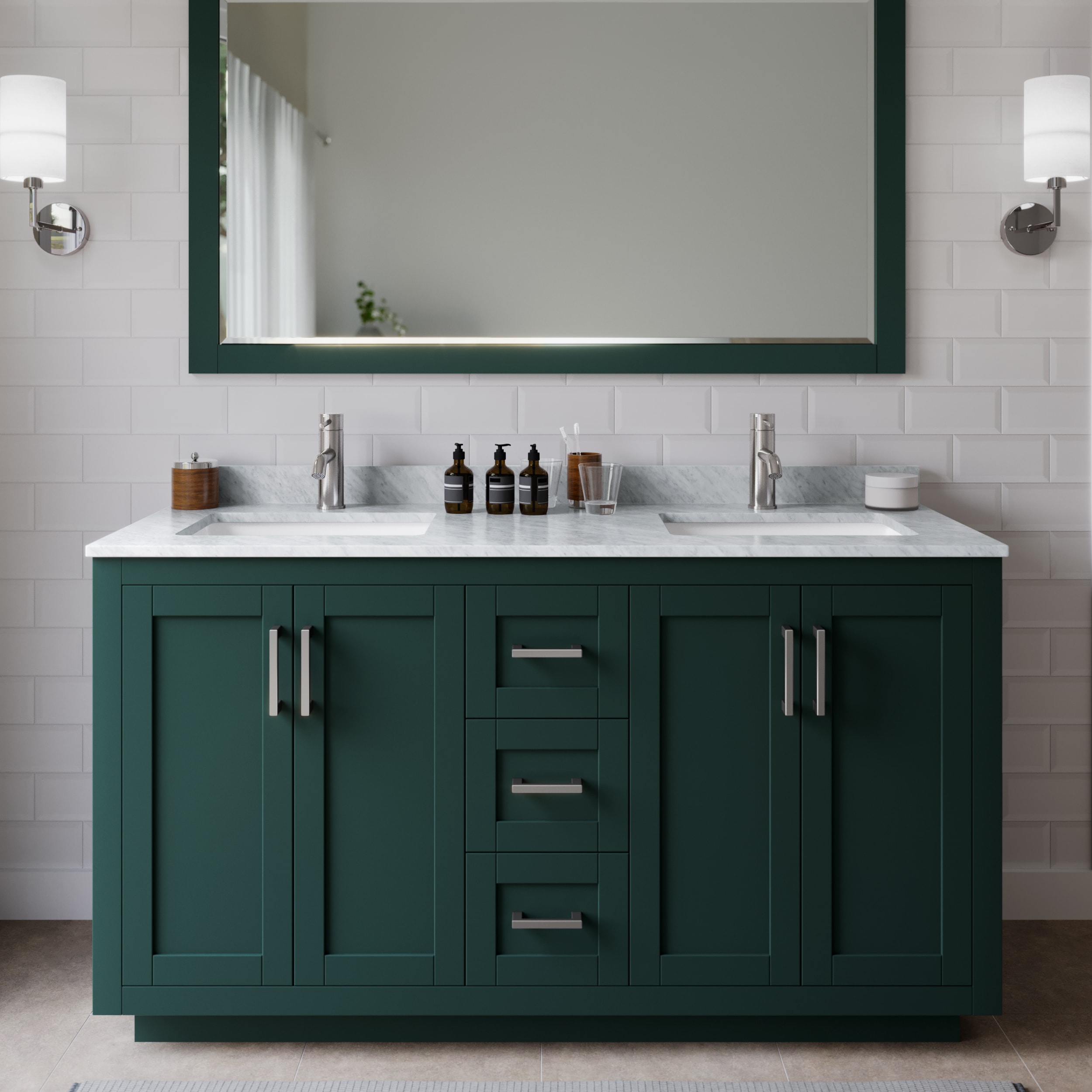 Wyndham Collection WCF292960DGECMUNSMXX Miranda 60-in Green with Brushed Nickel Trim Undermount Double sink Bathroom Vanity with White Carrara Marble Marble Top