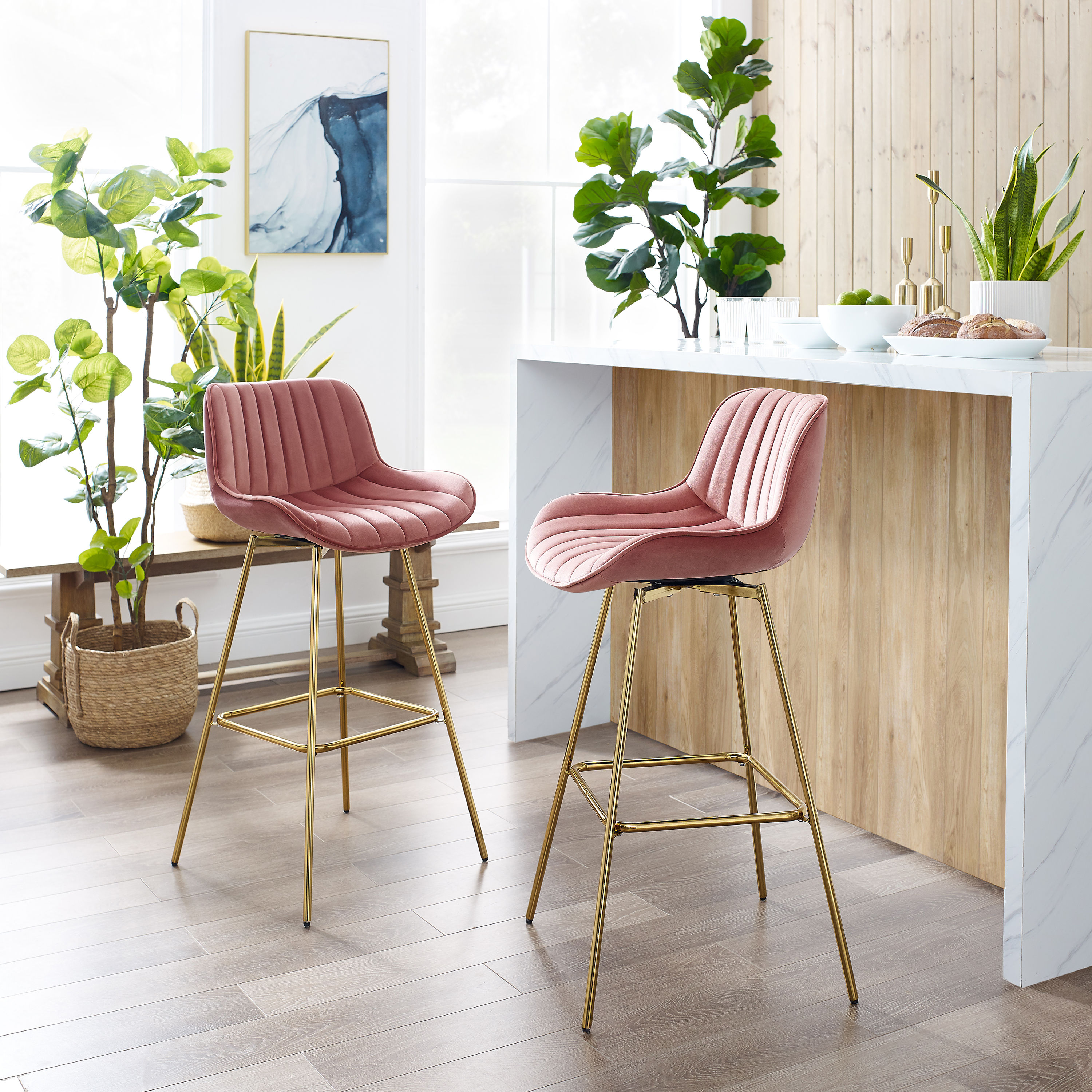 Art Leon BS012-PINK Set of 2 Pink 28.94-in H Bar height (28-in to 33-in) Bucket Seat Upholstered Swivel Wood Bar Stool