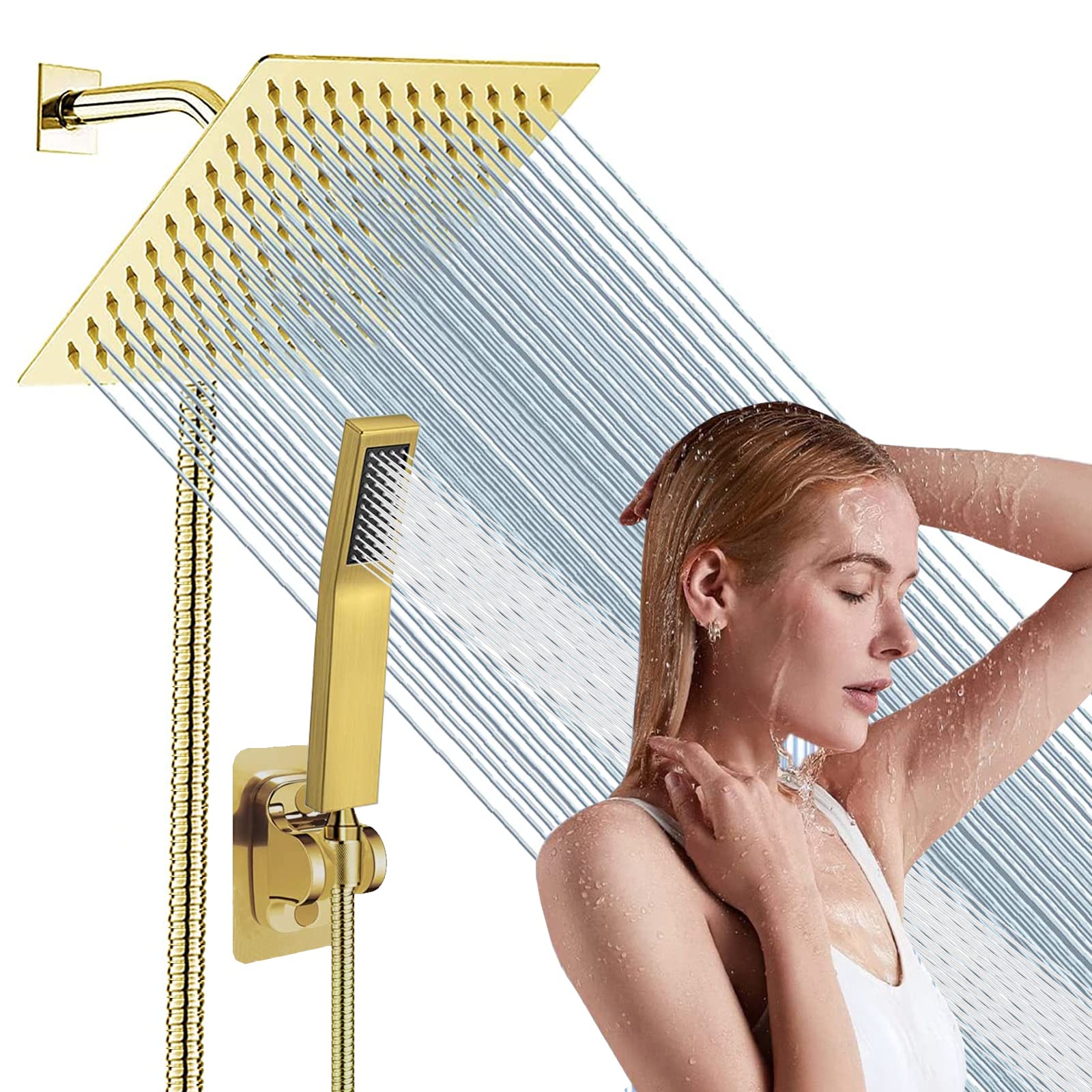 Anqtovp  Shower Head Set High Pressure Rain Shower Square Black 8 Inch Head All Metal Brass Handheld with 78 Inch Hose Adhesive Holder Easy