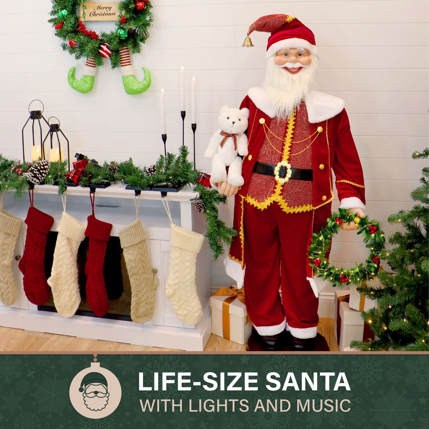 58" Red Velvet Dancing Santa with Bear and Wreath