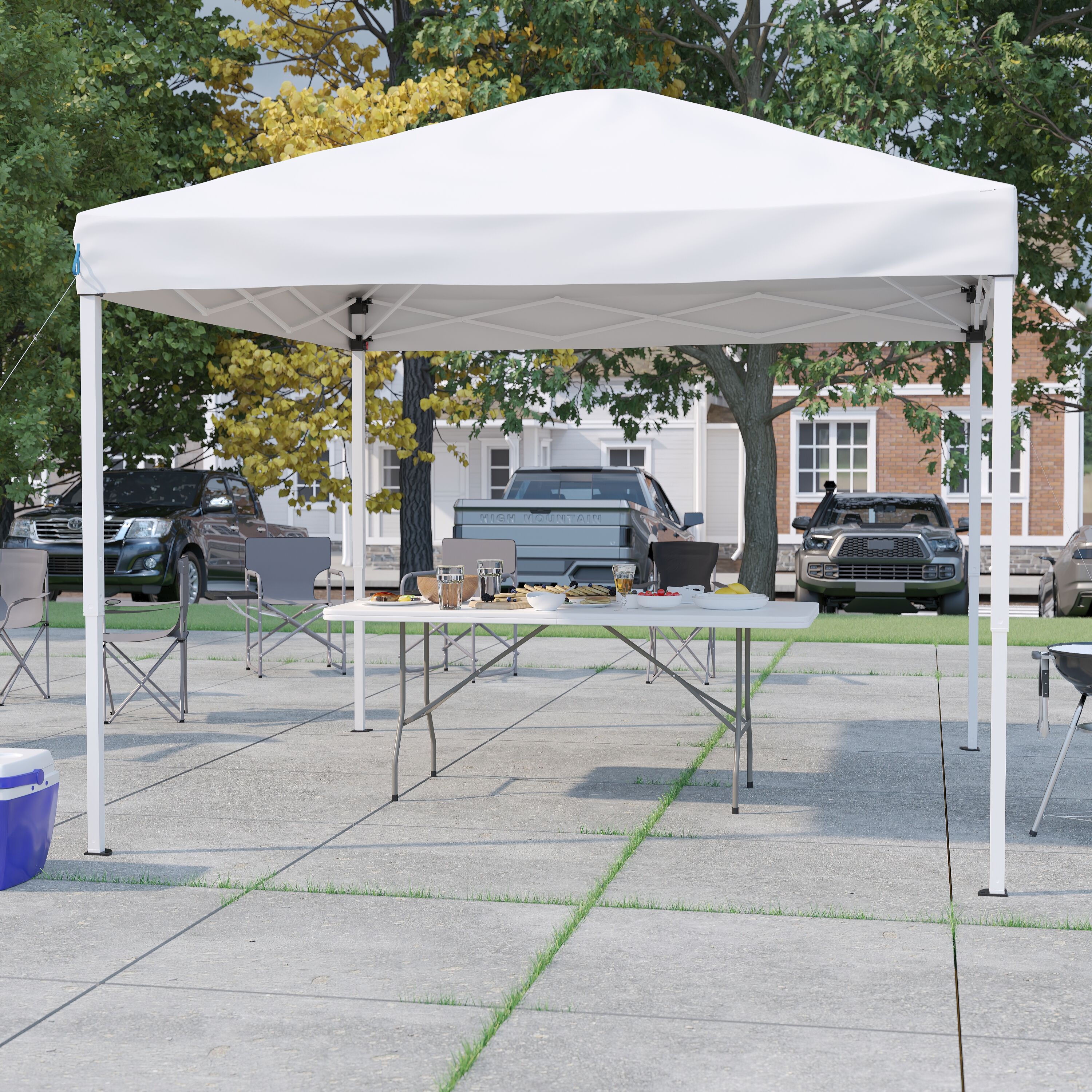 Emma + Oliver Outdoor Event/Tailgate Complete Set with 10-ft x10-ft White Pop Up Event Canopy and Carry Bag and 6-Foot Bi-Fold Table with Carrying Handle
