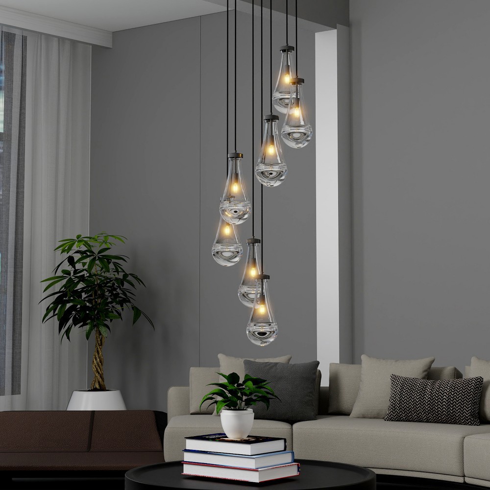 Basdien 17 in Black 7 Light Modern Cluster Pendant Lights Large Chandelier Dining Room Living Room Foyer Stairwell Bedroom Kitchen Island Bar Counter Restaurants Raindrop Glass Shade E12 Base Bulb Not Included UL Braided Rope Cord Copper Build