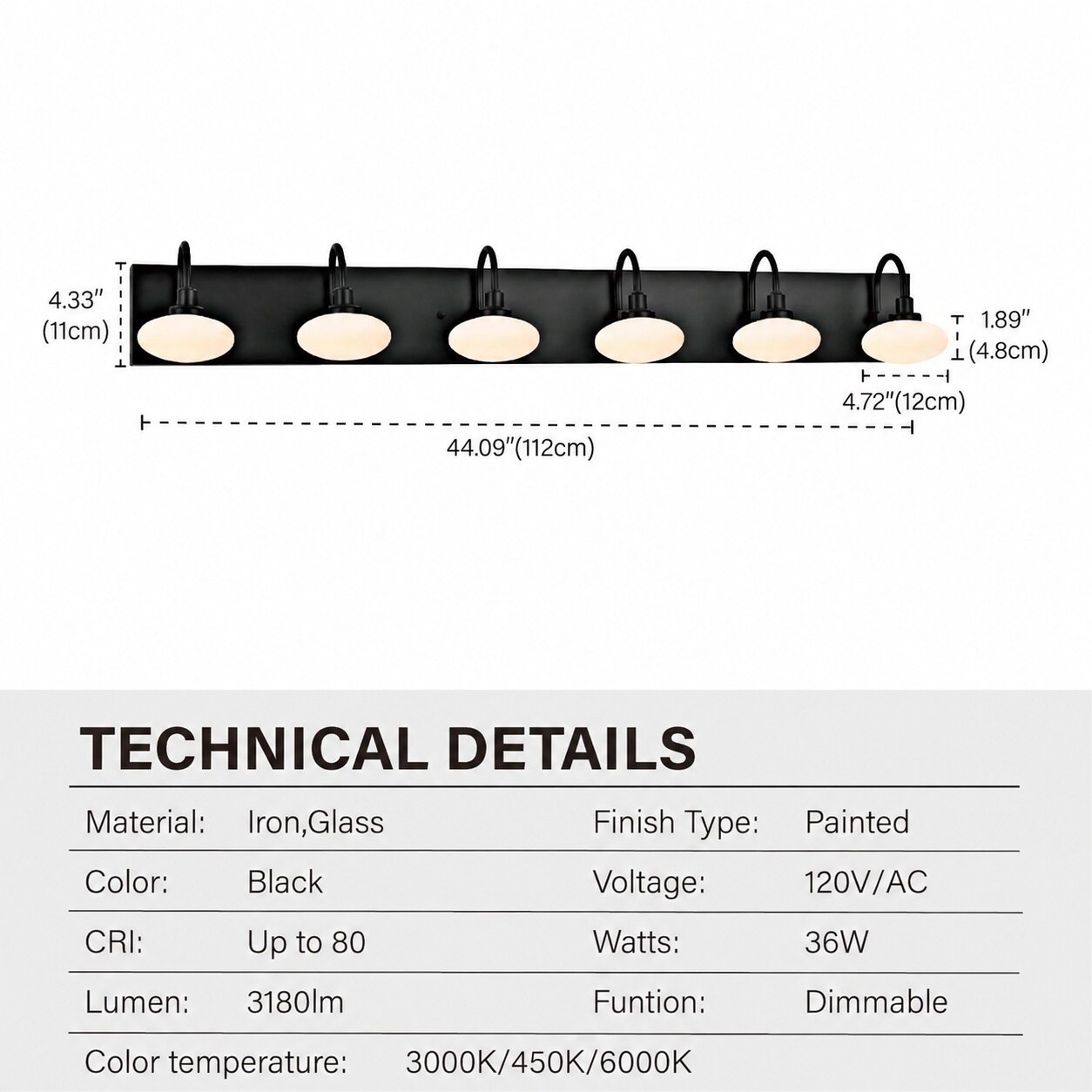 Aoibox 44 in 6 Light Matte Black Dimmable Integrated LED Vanity Light ...