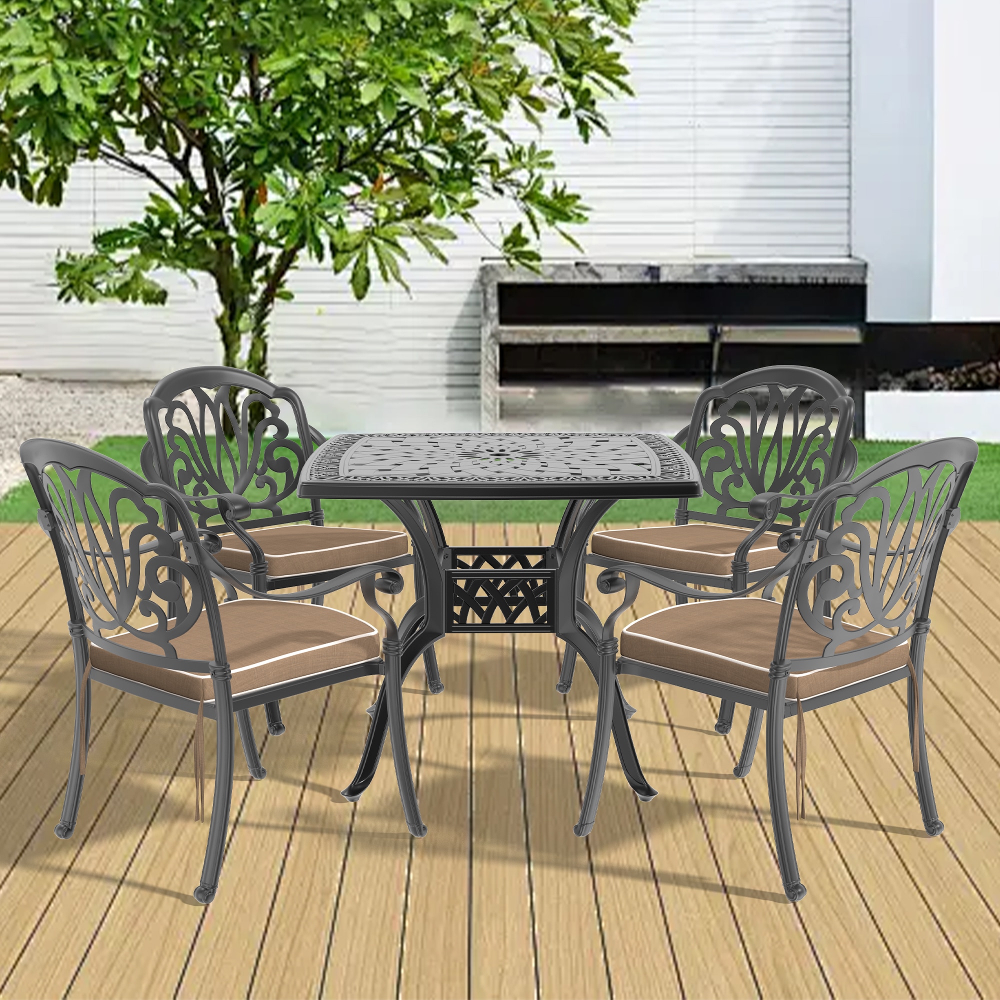 nicesure SLBK6002CZ4A1173RC 5 -Piece Black Patio Dining Set Aluminum Square Table with 4 Cushions Stackable Stationary Chairs