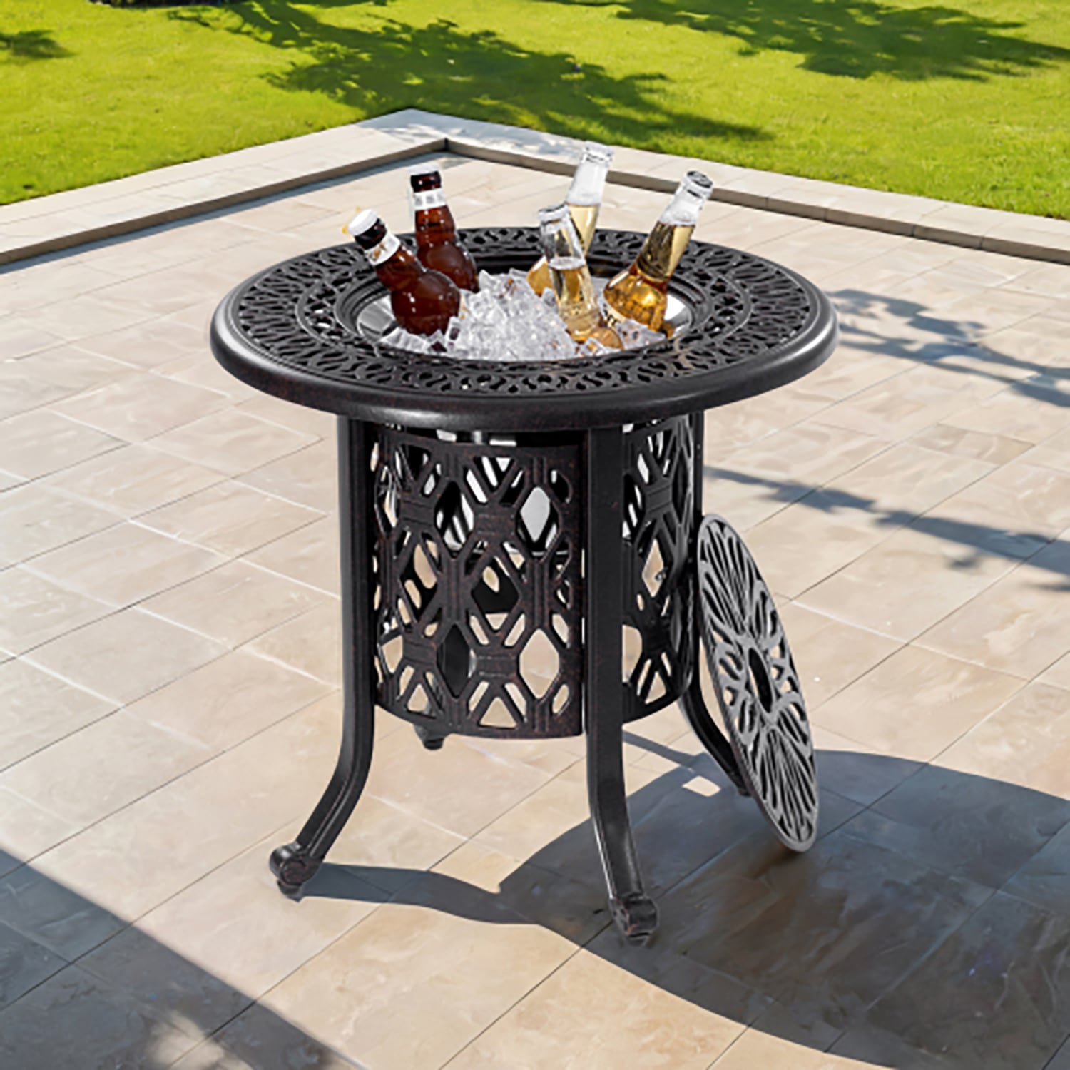 GZMR GM-DH-20502 21" Side Table With Removable Ice Bucket Round Outdoor Bistro 21-in W x 21-in L