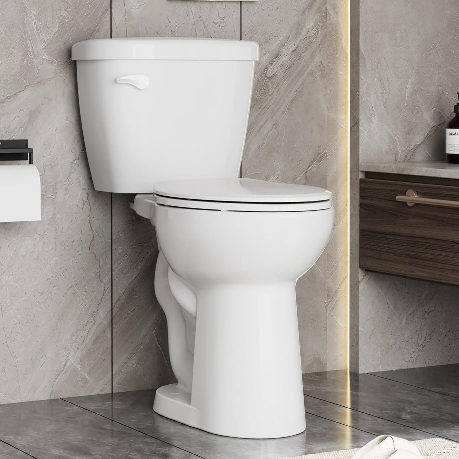 Qeetex LHF-MT-IUU13 Two-Piece Toilet for Bathrooms ADA Height 17 Inch Toilet Bowl with Soft Close Seat Single Flush 1.28 GPF Left-Hand Trip Lever Comfort Chair Height 12 Inch Rough In White