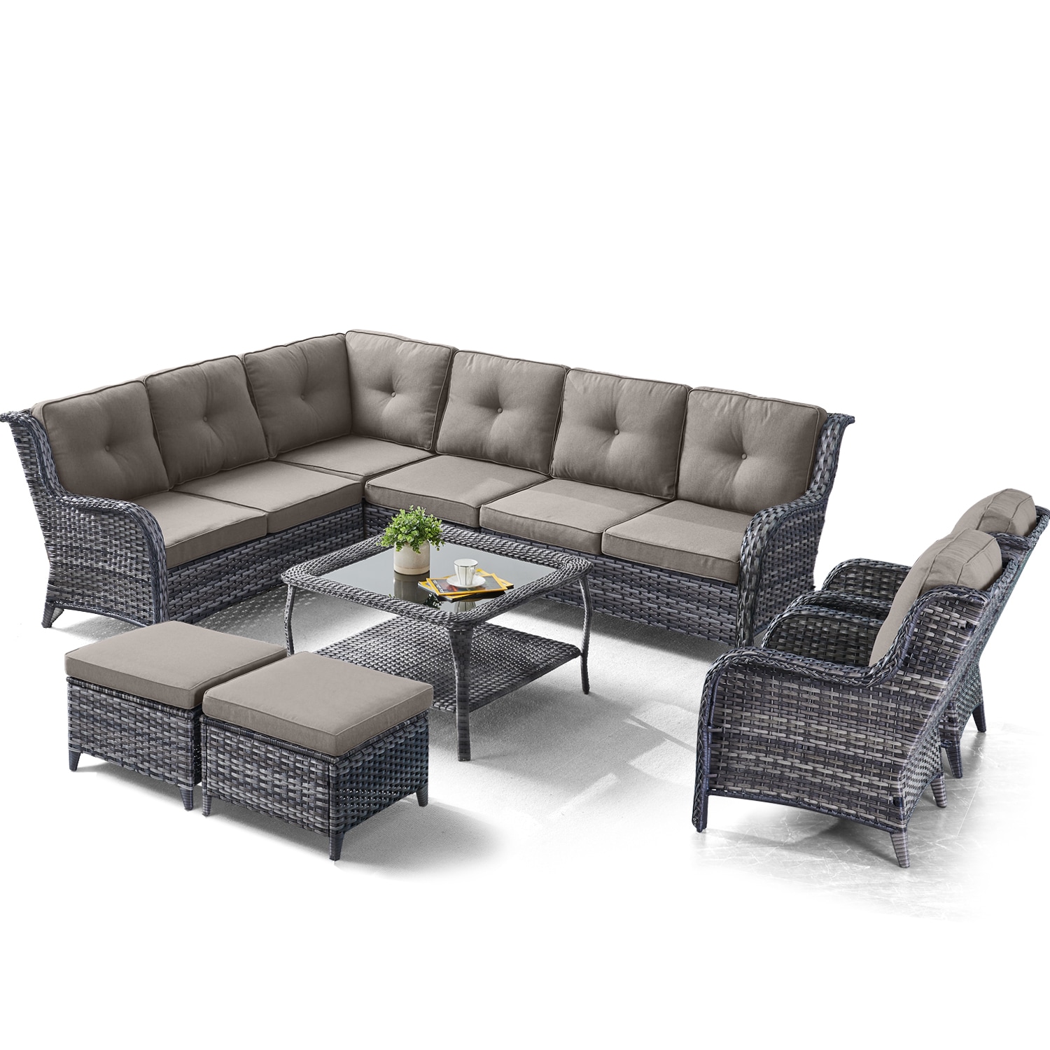 Rilyson FS55575961716-2 Curved armrest 9 -Piece Wicker Patio Conversation Set with Gray Cushions