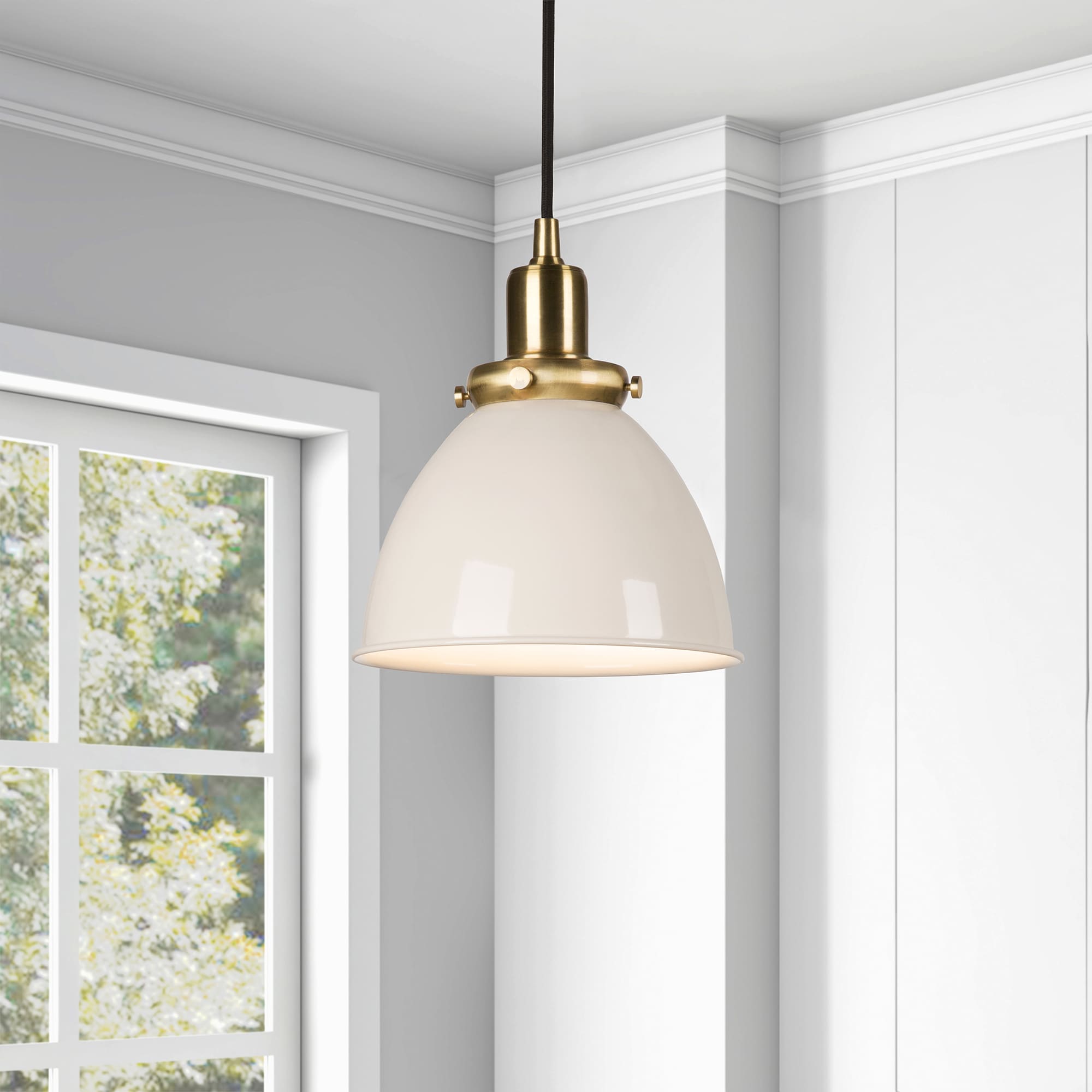 Hailey Home Madison Pearled White/Brass Industrial Dome Hanging Pendant ...