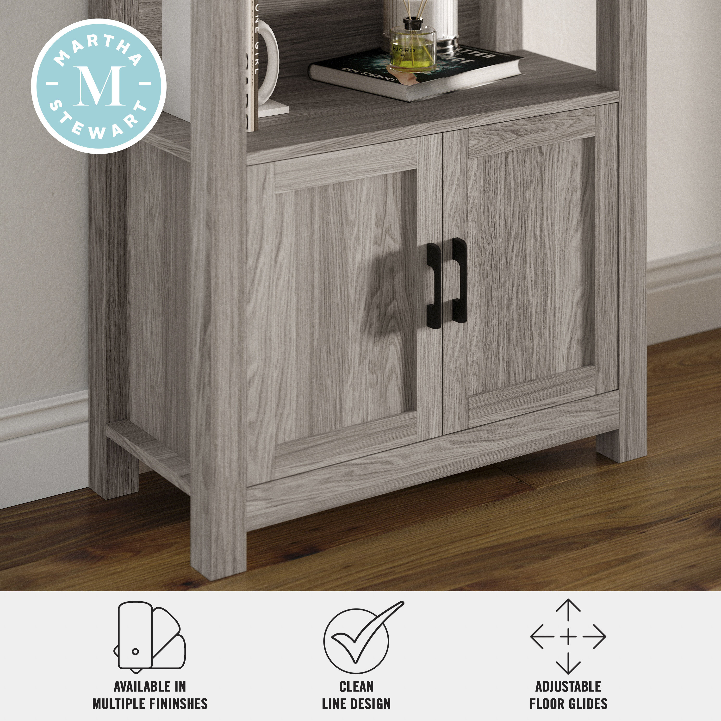 Martha Stewart 68" Gray Wood Shaker Bookcase with Storage Cabinet