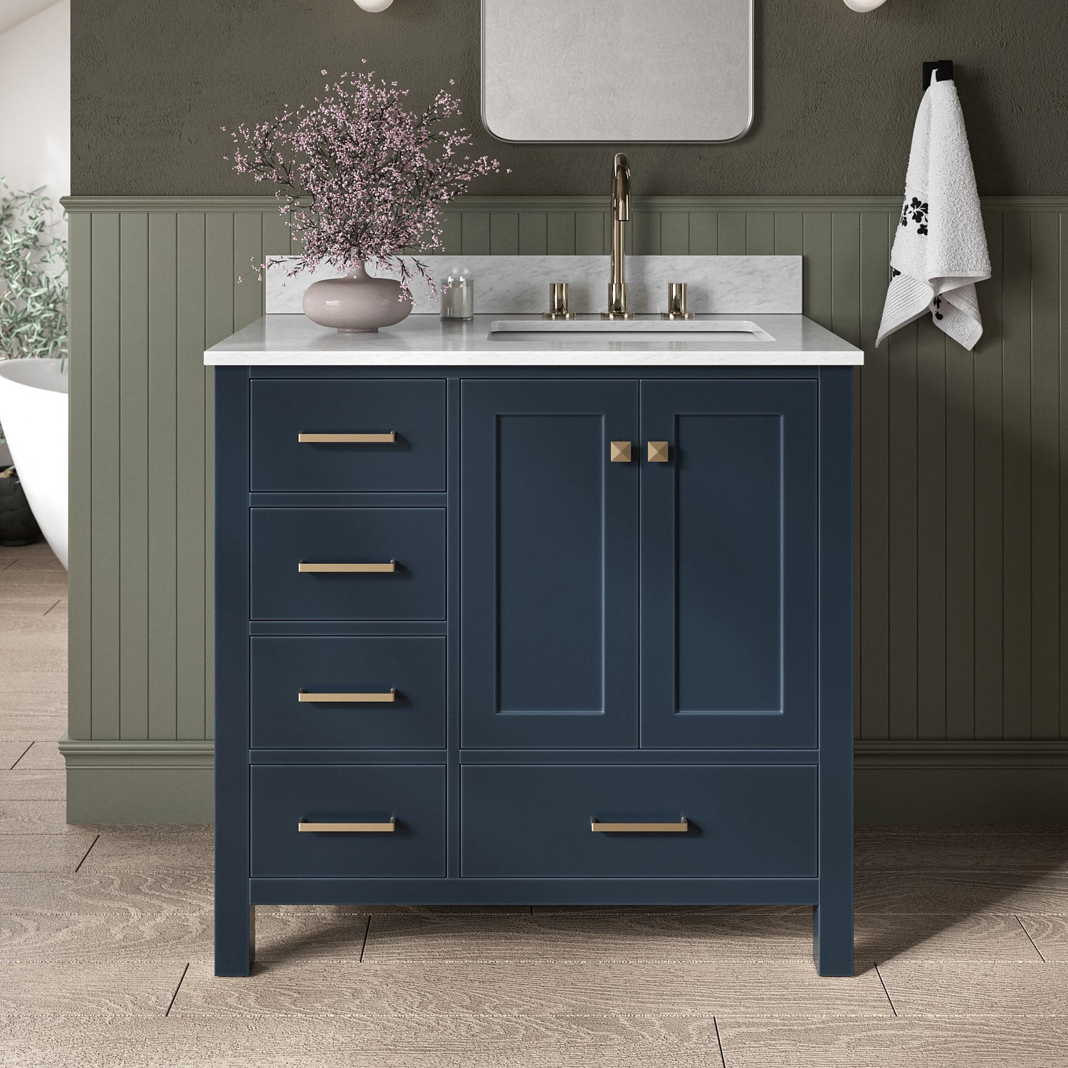 ARIEL A037SRCW2RVOMNB Cambridge 37-in Midnight Blue Undermount Single sink Bathroom Vanity with 0.75" Carrara White Marble Natural marble Top