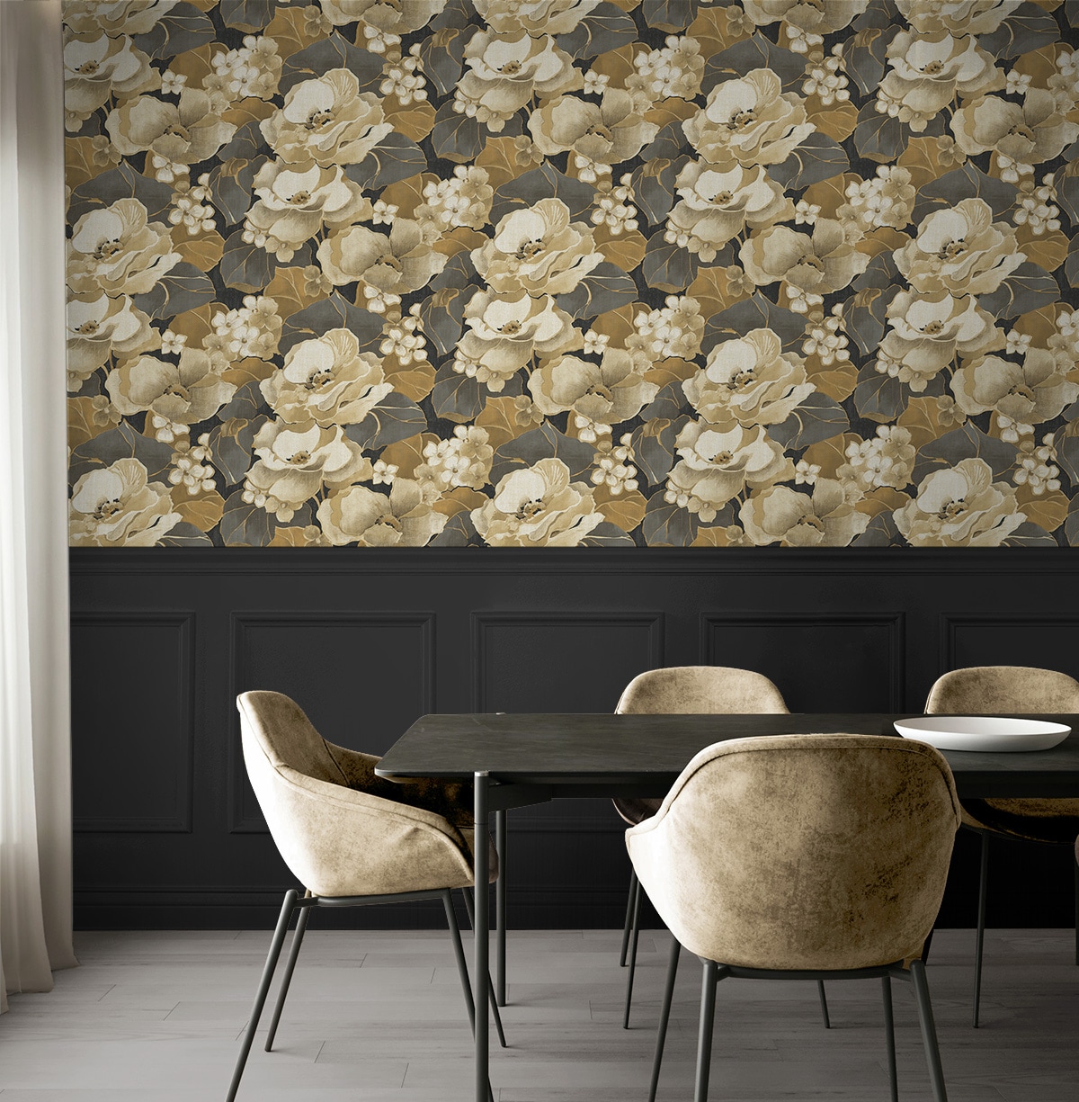 Ebony and Antique Gold Floral Peel and Stick Wallpaper