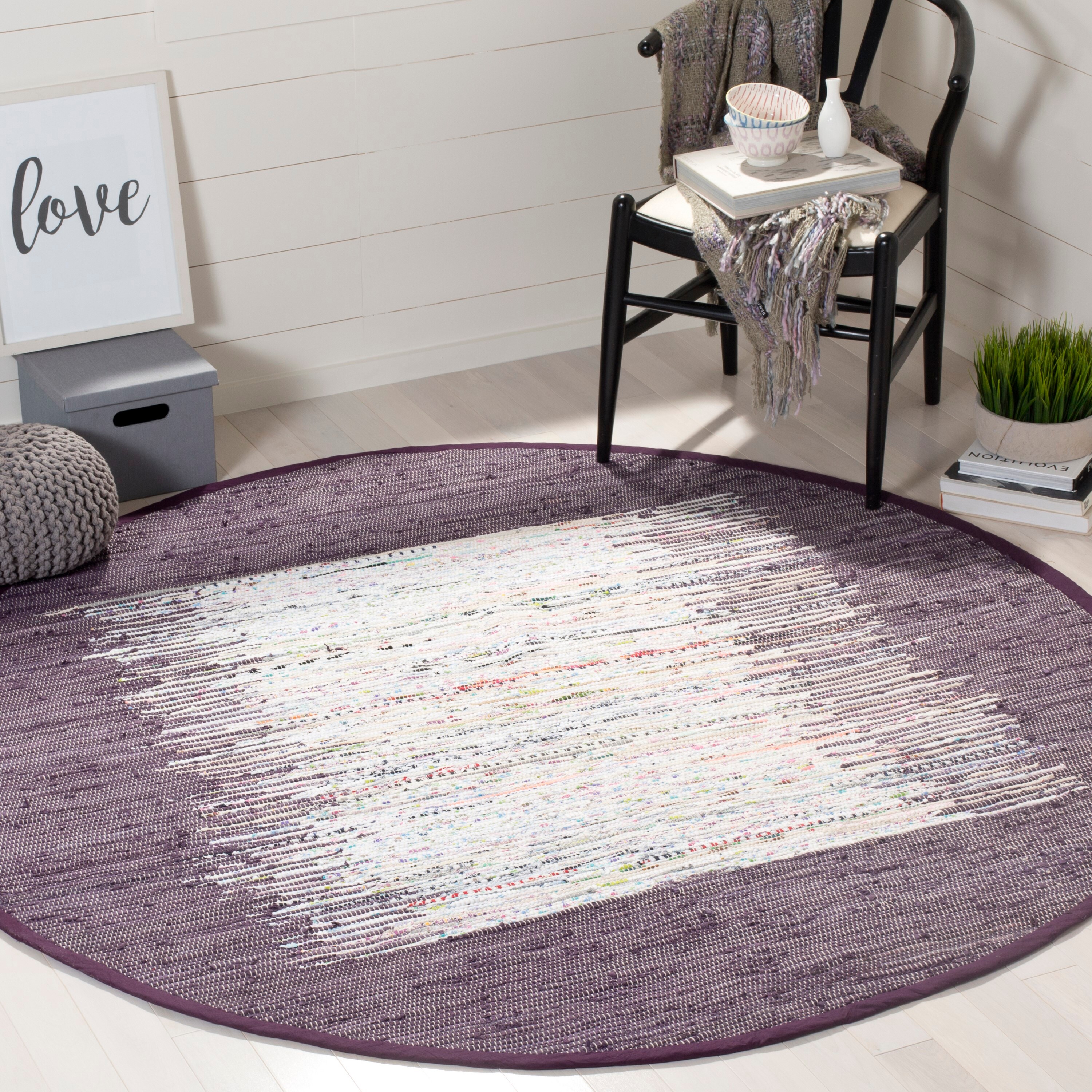 Safavieh MTK711M-4R Montauk Keeling 4 x 4 (ft) Cotton Ivory/Purple Round Indoor Border Coastal Area rug
