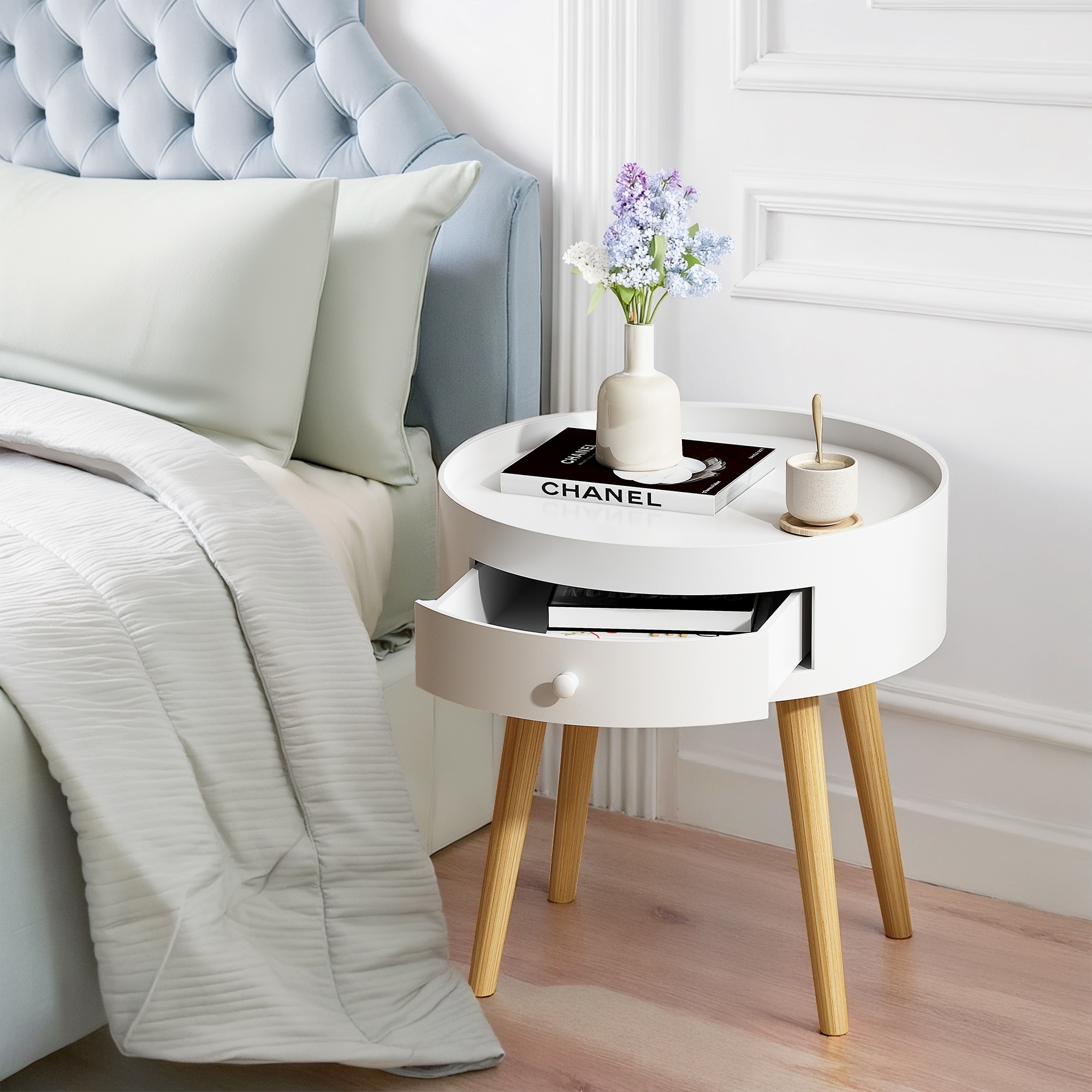 Horizons Prime 15 inch x 15 inch x 18 inch White MDF End Table with Storage Drawer and Oak Legs