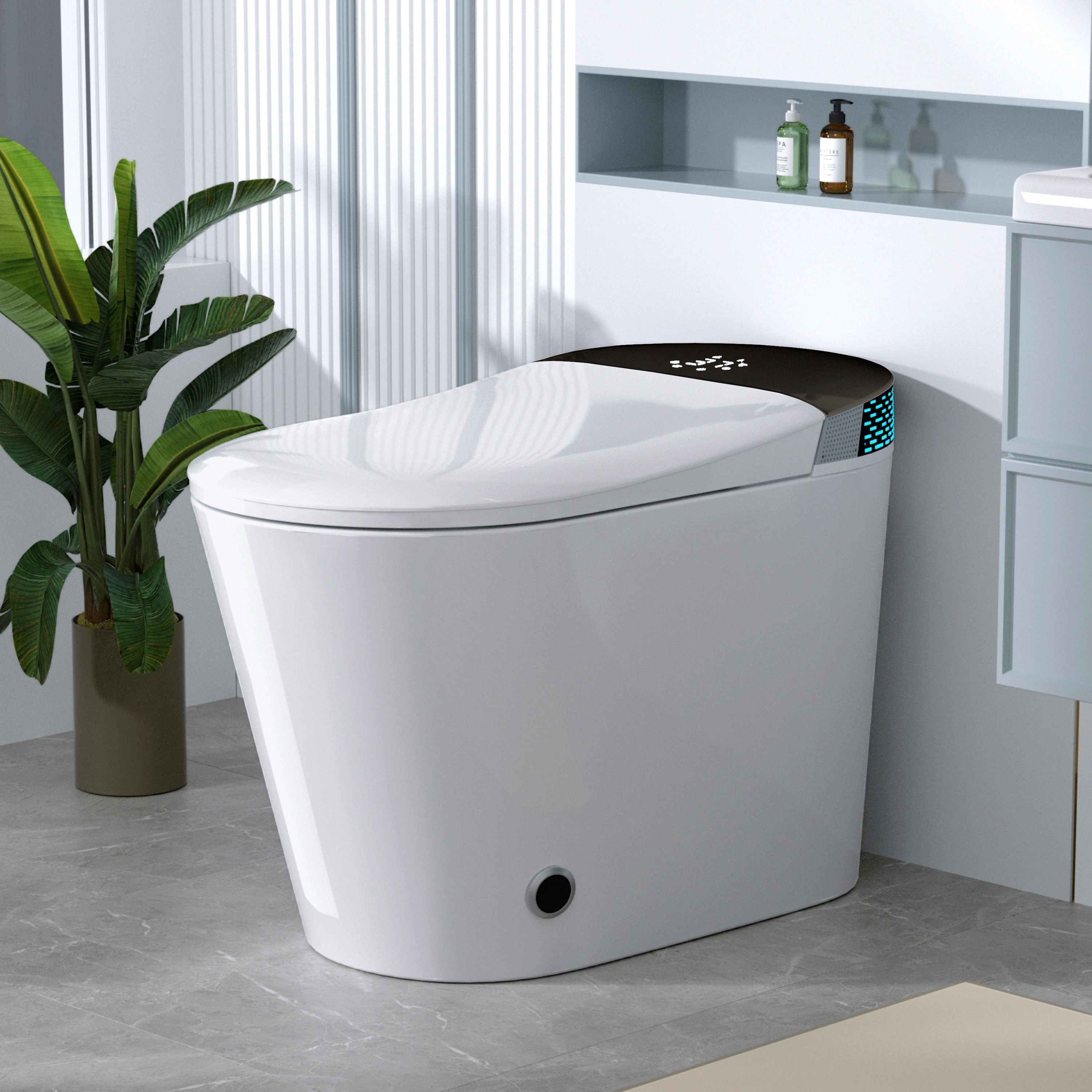 Vynxaria - White with Black Screen 1-piece Smart Bidet Toilet Chair Height 1.28 GPF Auto Open-Clo...