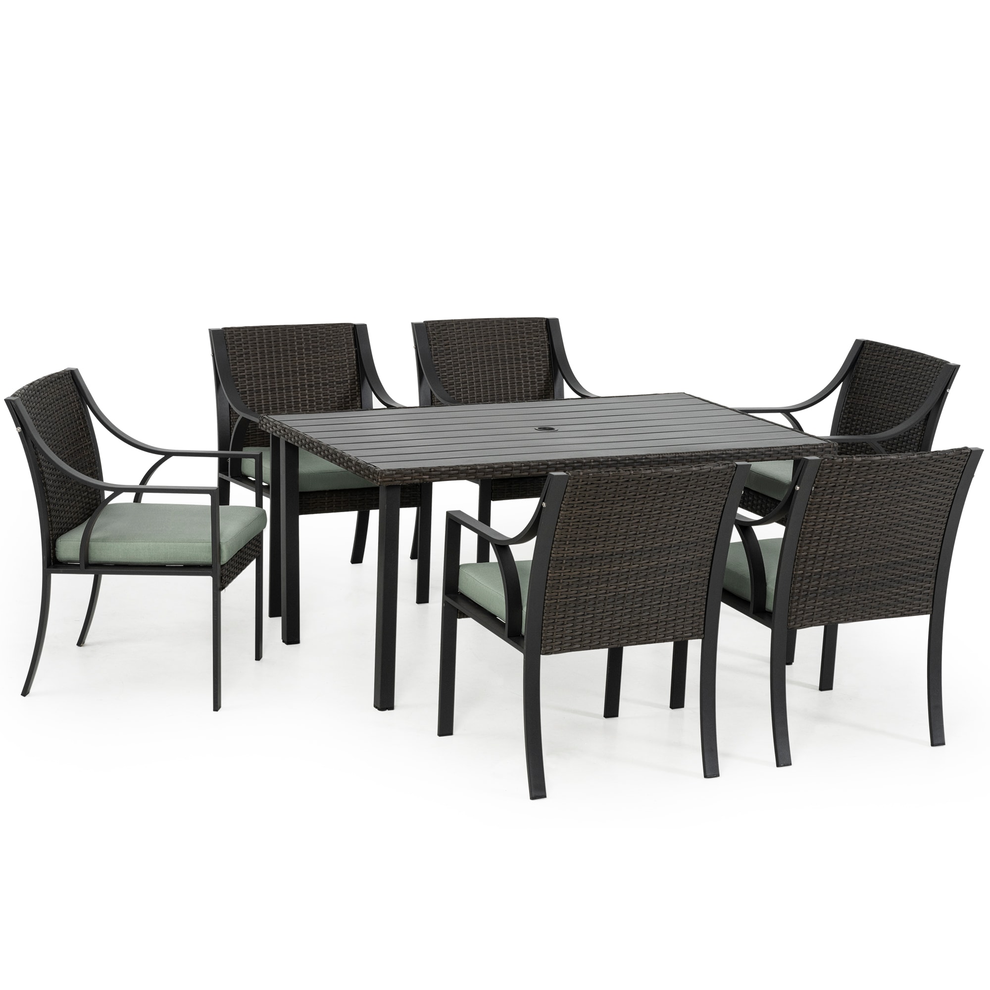  EL-CZ7-TB-ZL-WL3 7 -Piece Multiple colors/finishes Wicker Patio Dining Set Wicker Rectangle Table with 6 Green Cushions Stationary Chairs