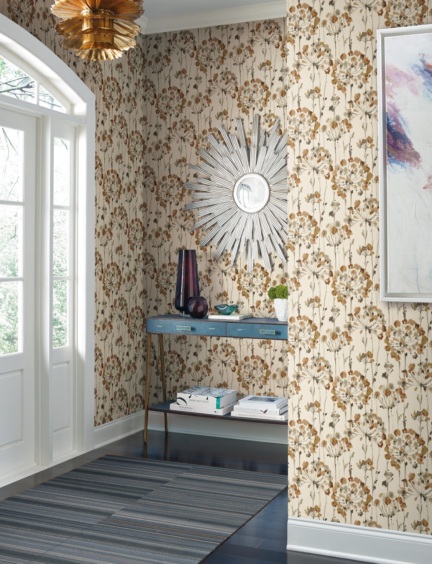 Candice Olson Burnt Orange Flourish Peel and Stick Wallpaper in the