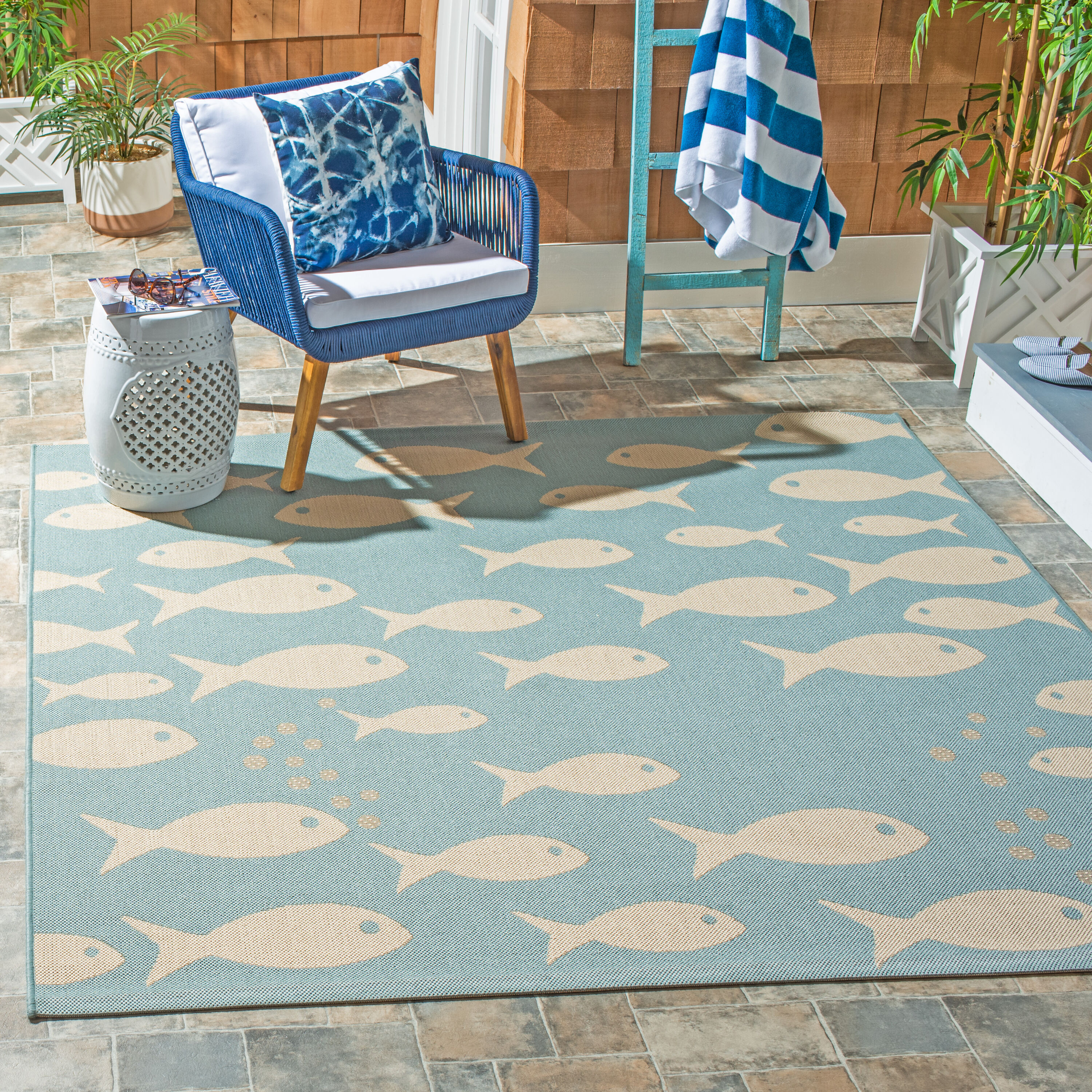 Safavieh CY6012-223-7SQ Courtyard 7 x 7 (ft) Loomed Synthetic Aqua/Beige Square Indoor/Outdoor Geometric Area rug