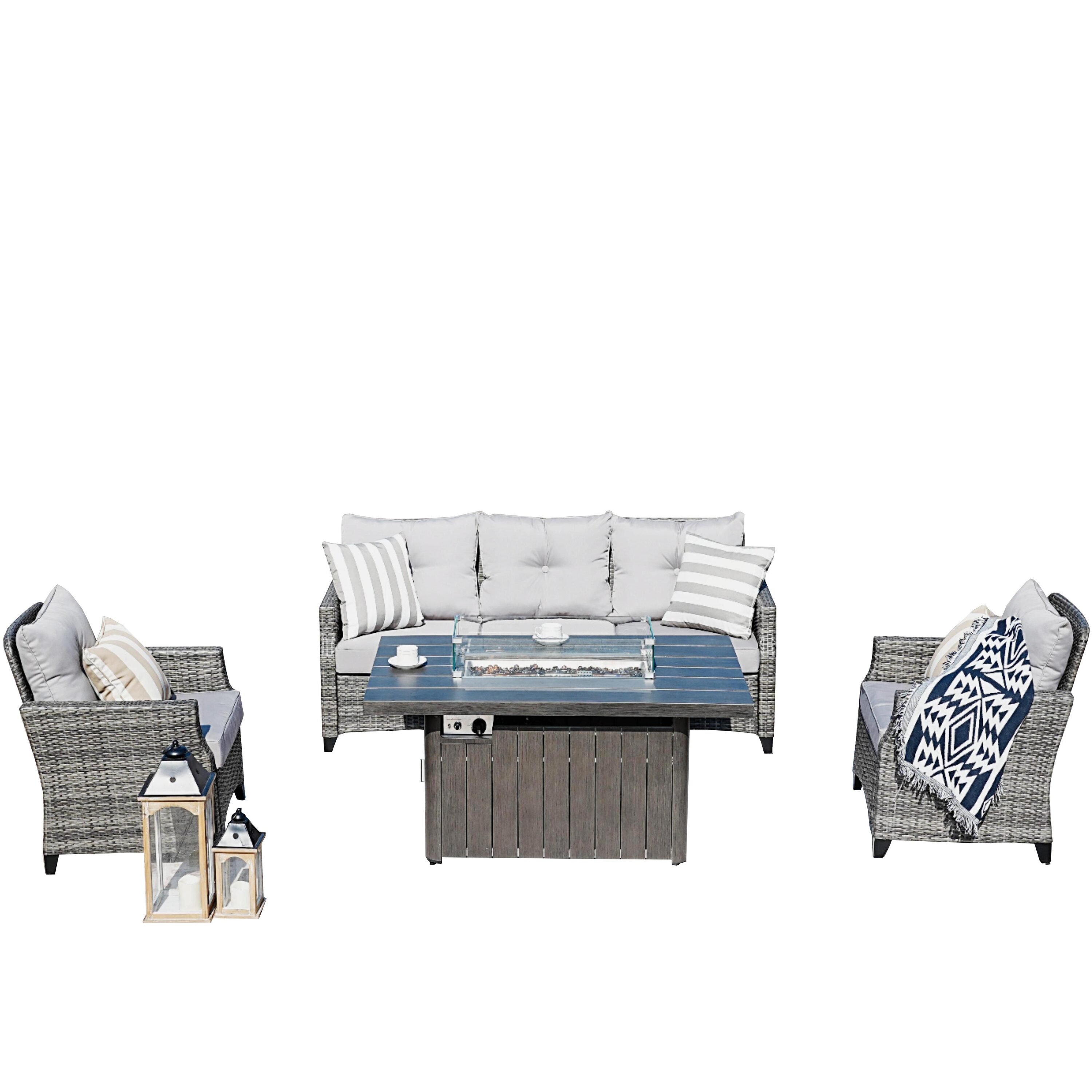 Direct Wicker DWG-1802P&2334TA-GR 4 -Piece Wicker 3 Patio Sofa Conversation Set with Gray Cushions