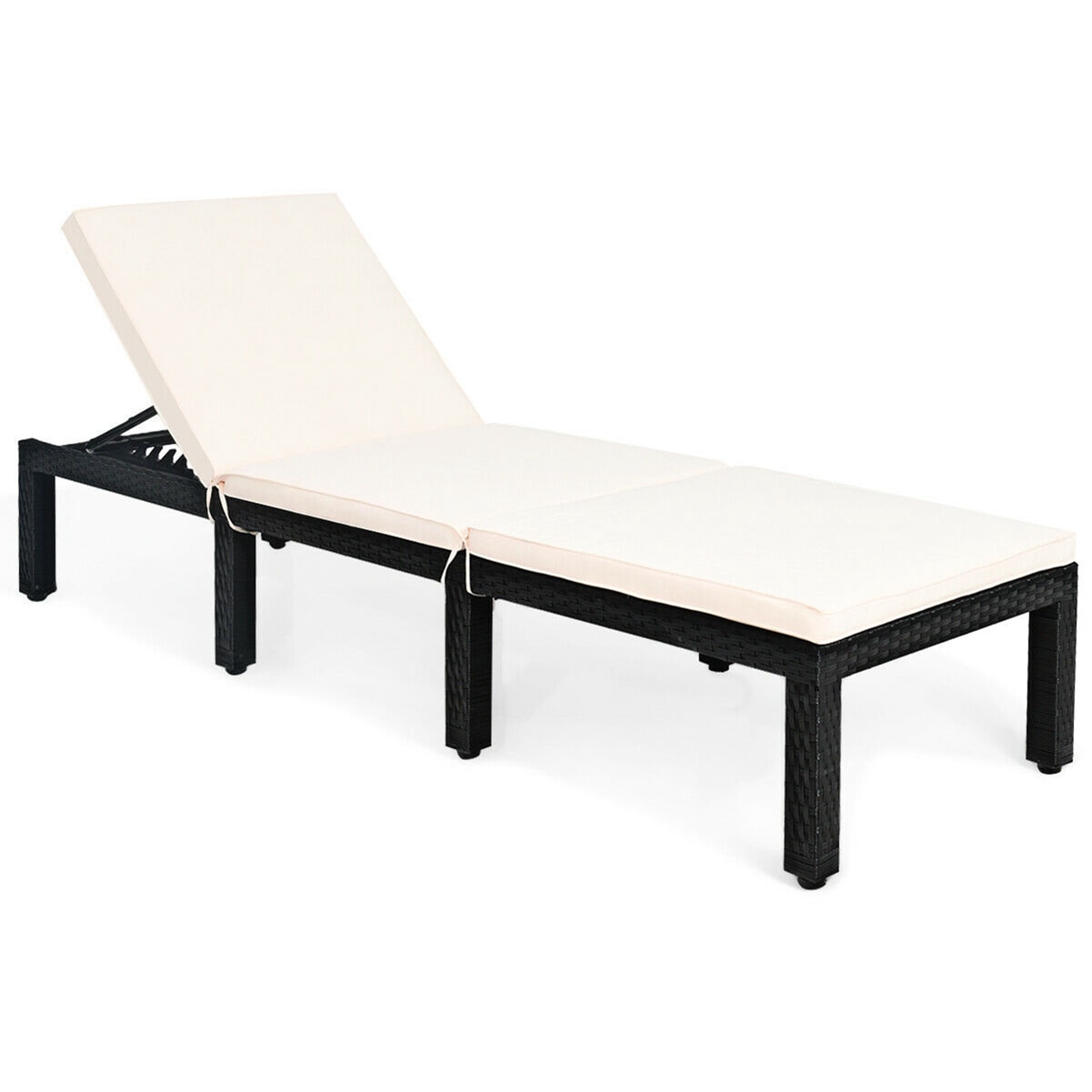 LIVIZA OUJ68749WH CW Adjustable Lounge Chair Rattan Black Steel Frame Stationary Chaise Lounge Chair with White Cushioned Seat