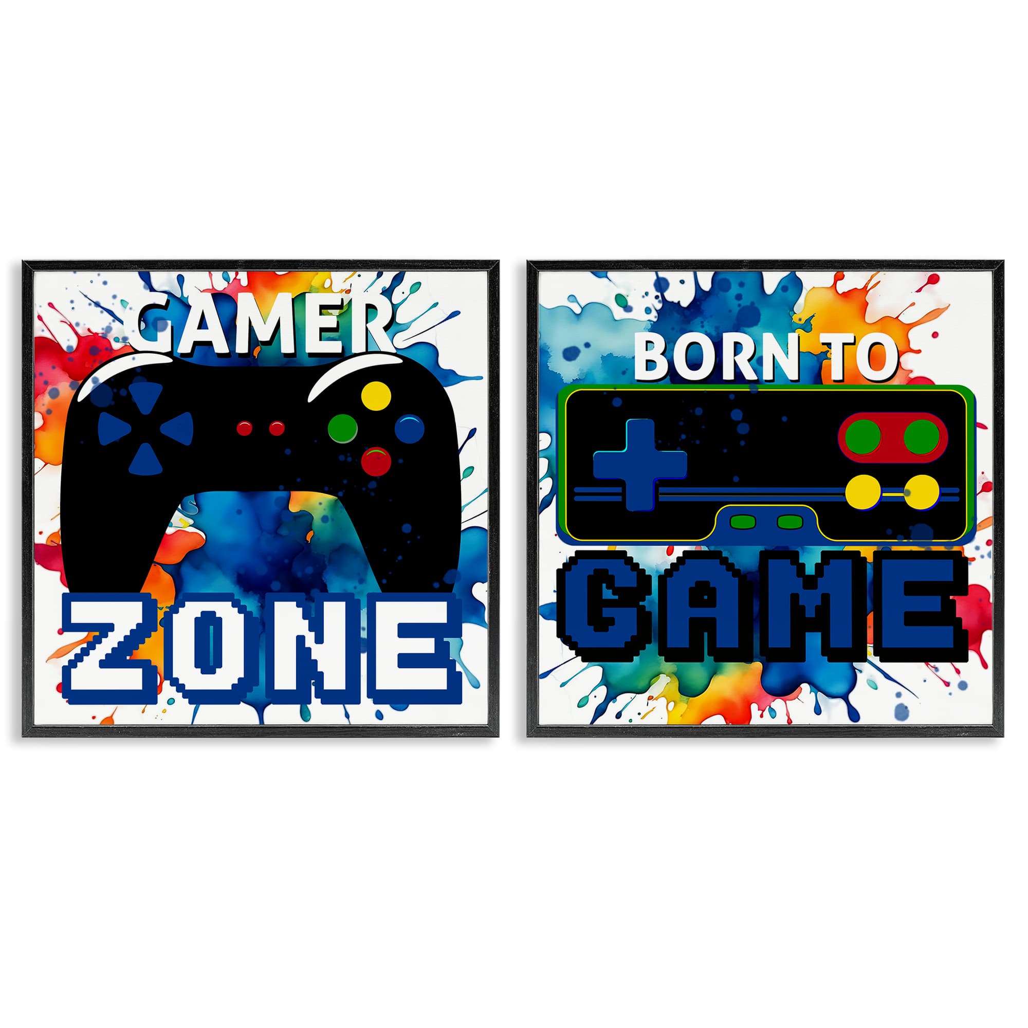 Stupell Industries B2-715-FR-2PC-24X24 Gamer Zone on Splash 2pc Framed Giclee Set design by Kim Allen