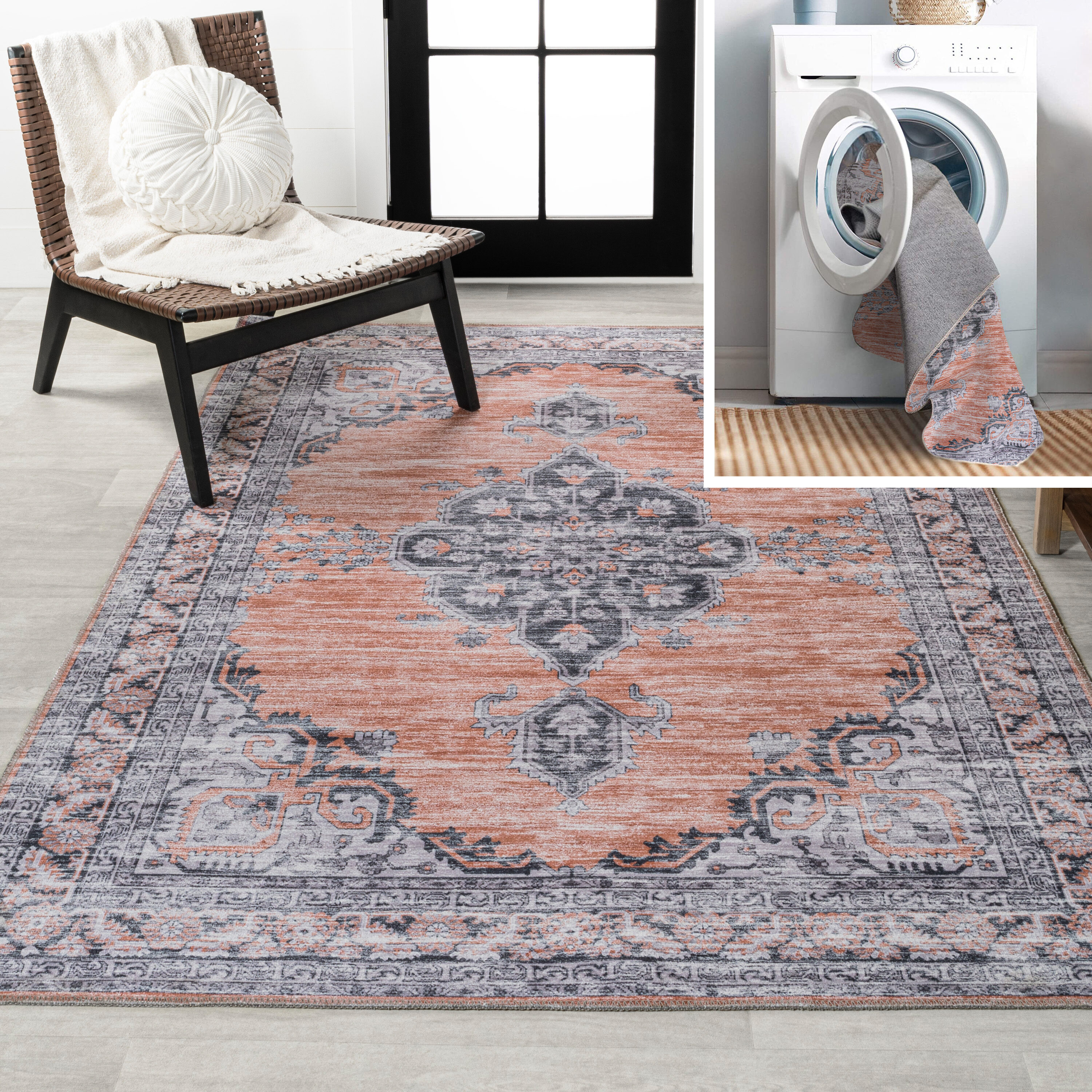 JONATHAN  Y WSH202B-8 WASHABLE Wincer Chenille Medallion 8 x 10 (ft) Loomed Chenille Orange/Gray Rectangular Indoor Medallion Farmhouse/Cottage Machine washable Area rug