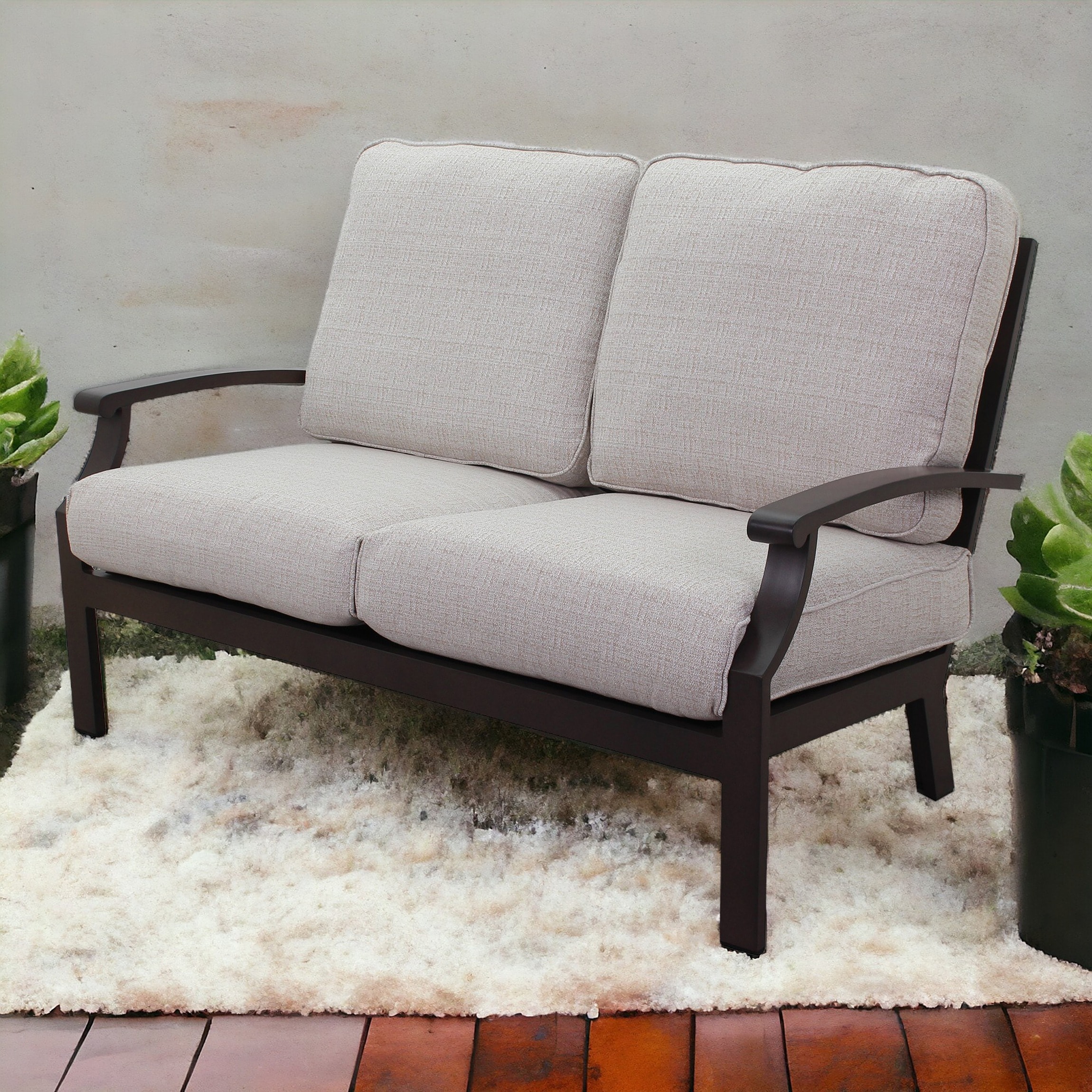 Courtyard Casual 5388 Madison - Autumn Rust Outdoor Loveseat with Beige Cushions and Aluminum Frame