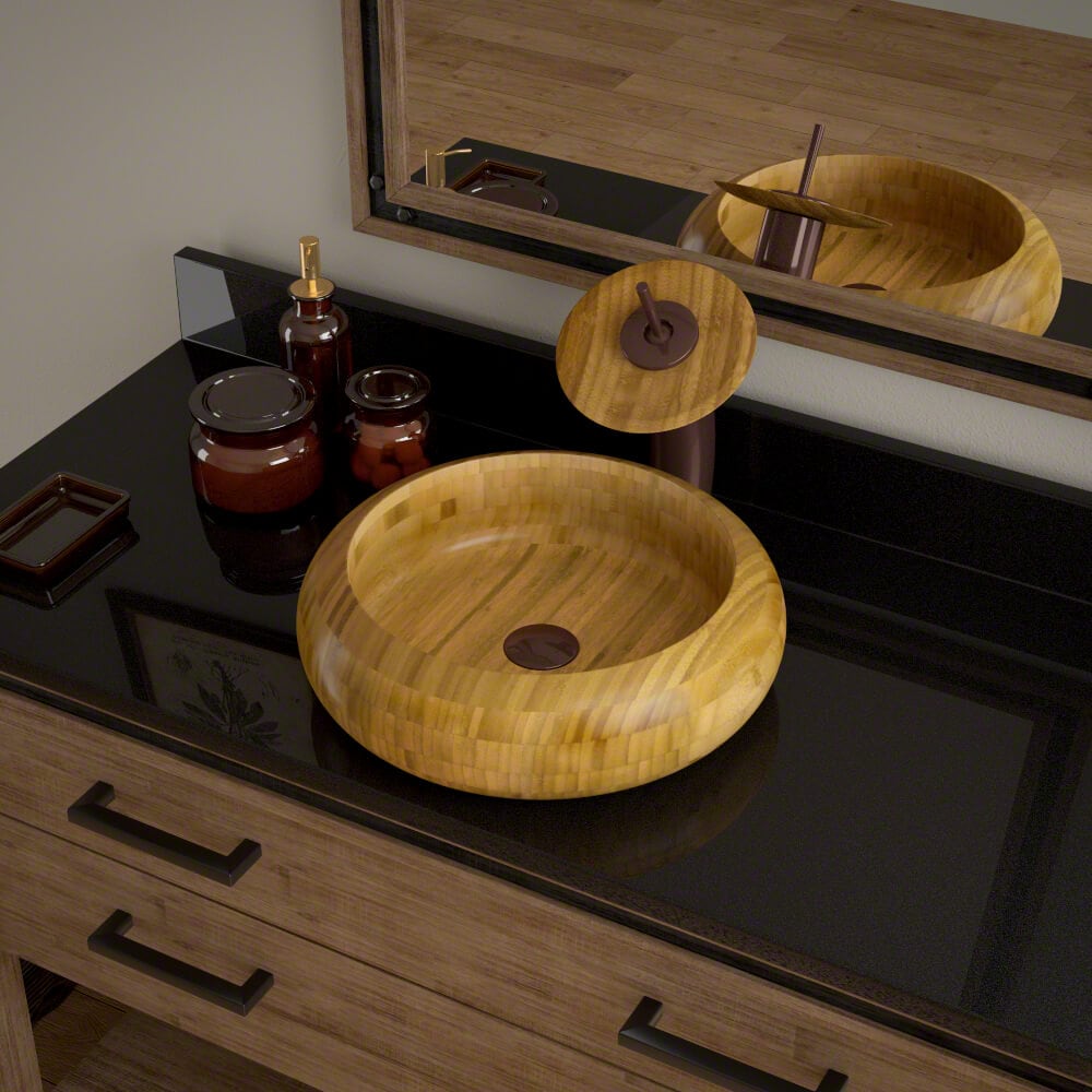 MR Direct 893-BWF-ORB Wood Vessel Round Modern Bamboo Bathroom Sink with Faucet Included with Drain Included ( 16.0-Inches x 16.0-Inches )