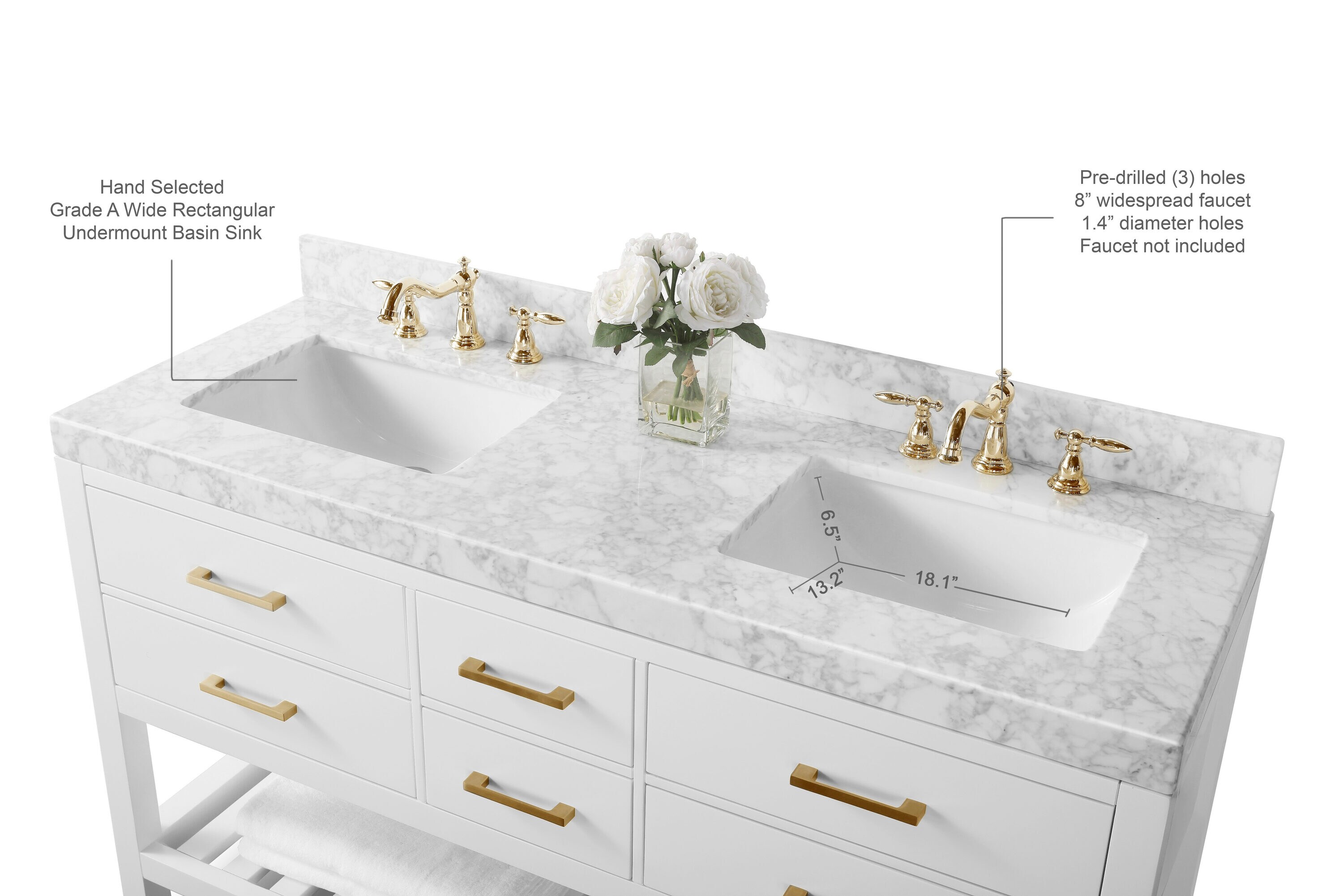 Elizabeth 60'' White Marble Double Vanity with Gold Hardware