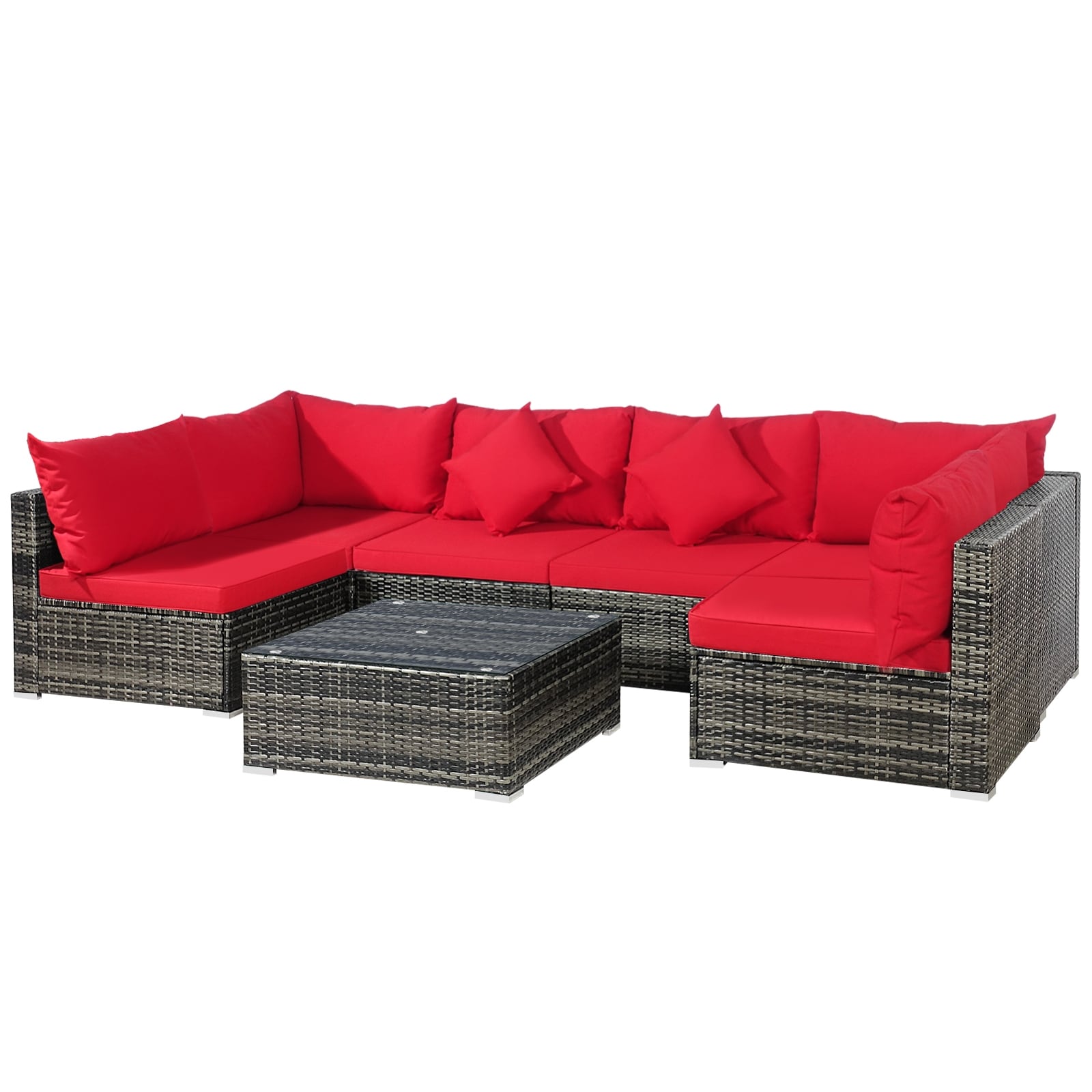  OD58REHW680 Patio Conversation Sets 7 -Piece Rattan Patio Conversation Set with Red Cushions