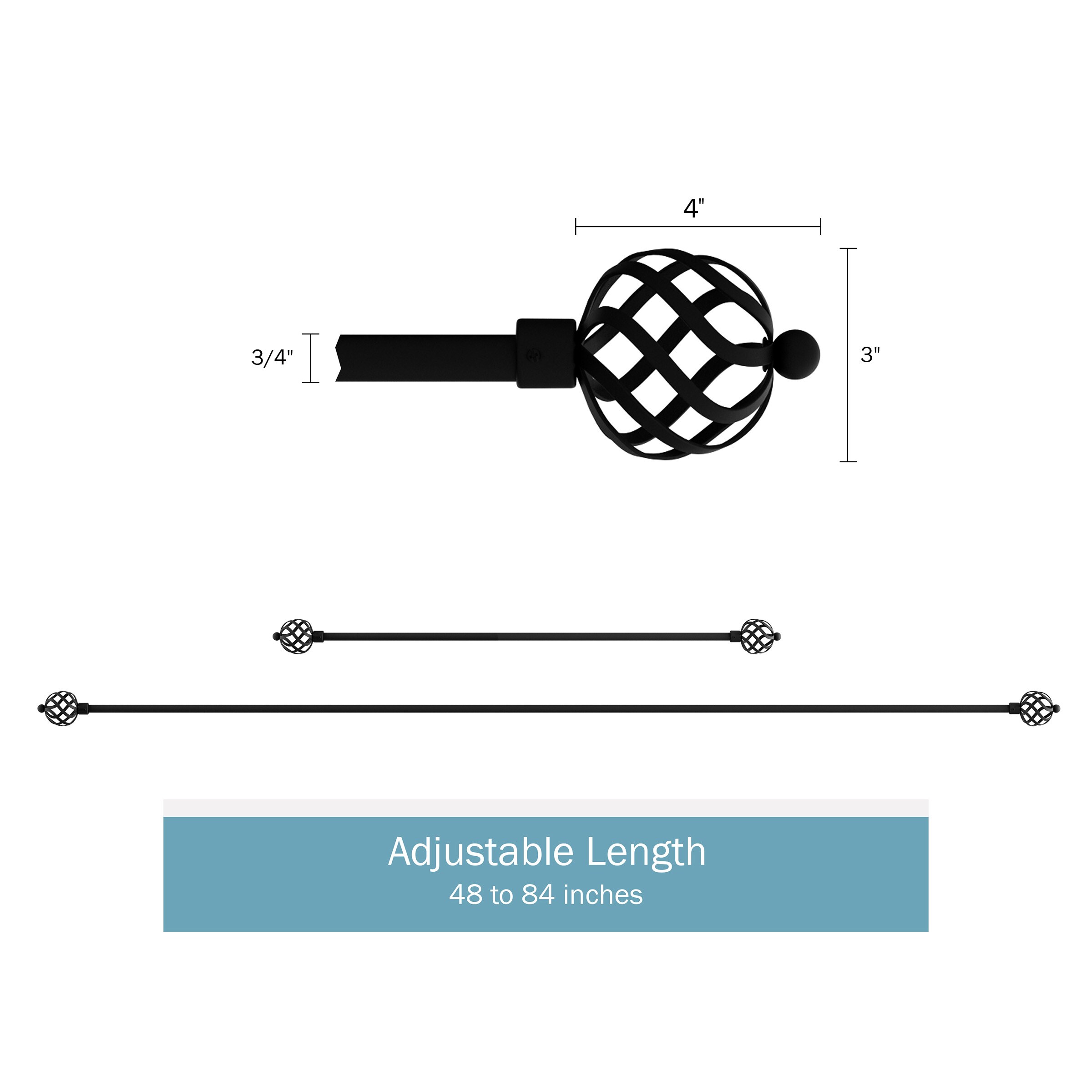 Black Adjustable Curtain Rod with Decorative Twisted Sphere Finials