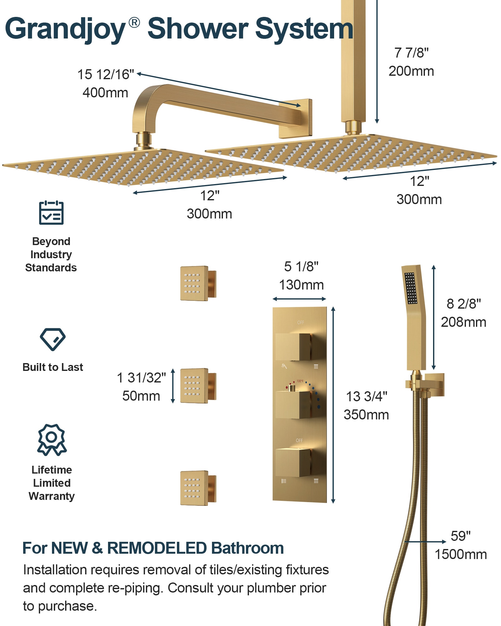 GRANDJOY SFS-1070-GD12 Showerhead-Bar-Panels - View #9