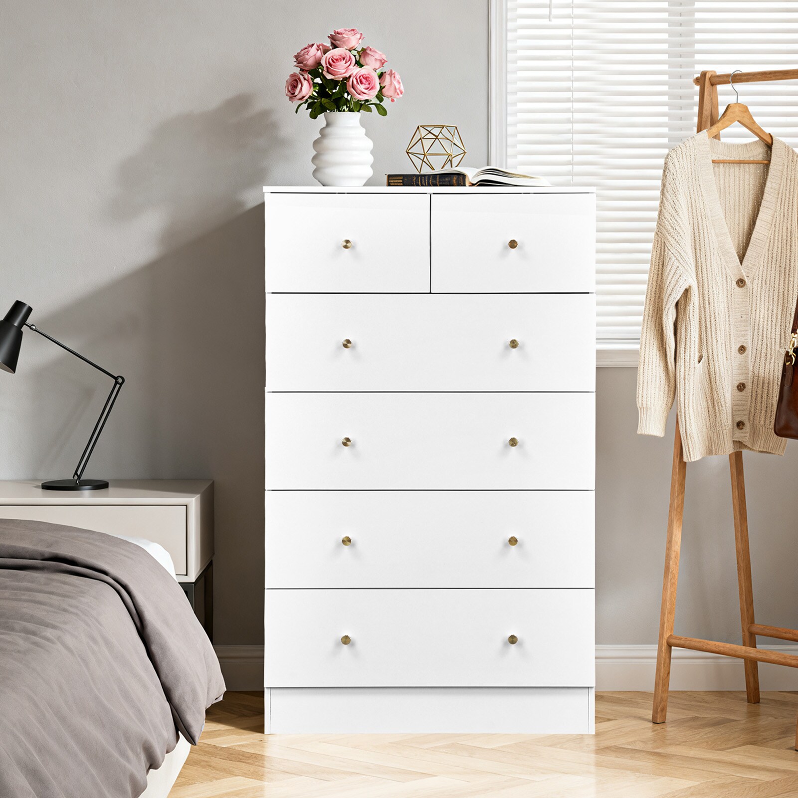 Upsimples Macaroon 5 Drawer Cabinet Matte Gold Handles Linen Textured Particle Board Cabinet Space Saving Storage Organizer for Bedroom Home Office Living Area