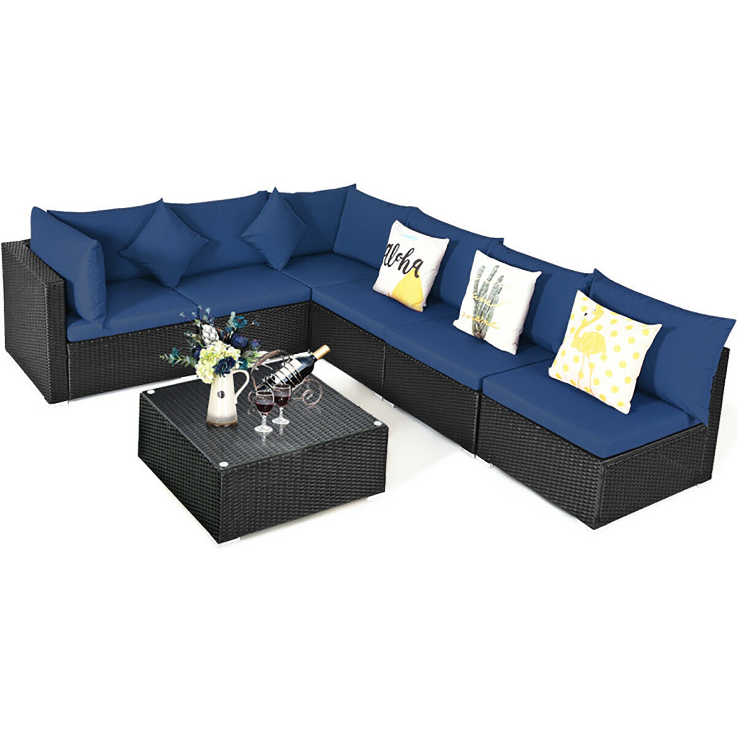GZMR EELF-32933-LC 7 -Piece Wicker 2 Patio Sofa Conversation Set with Blue Cushions