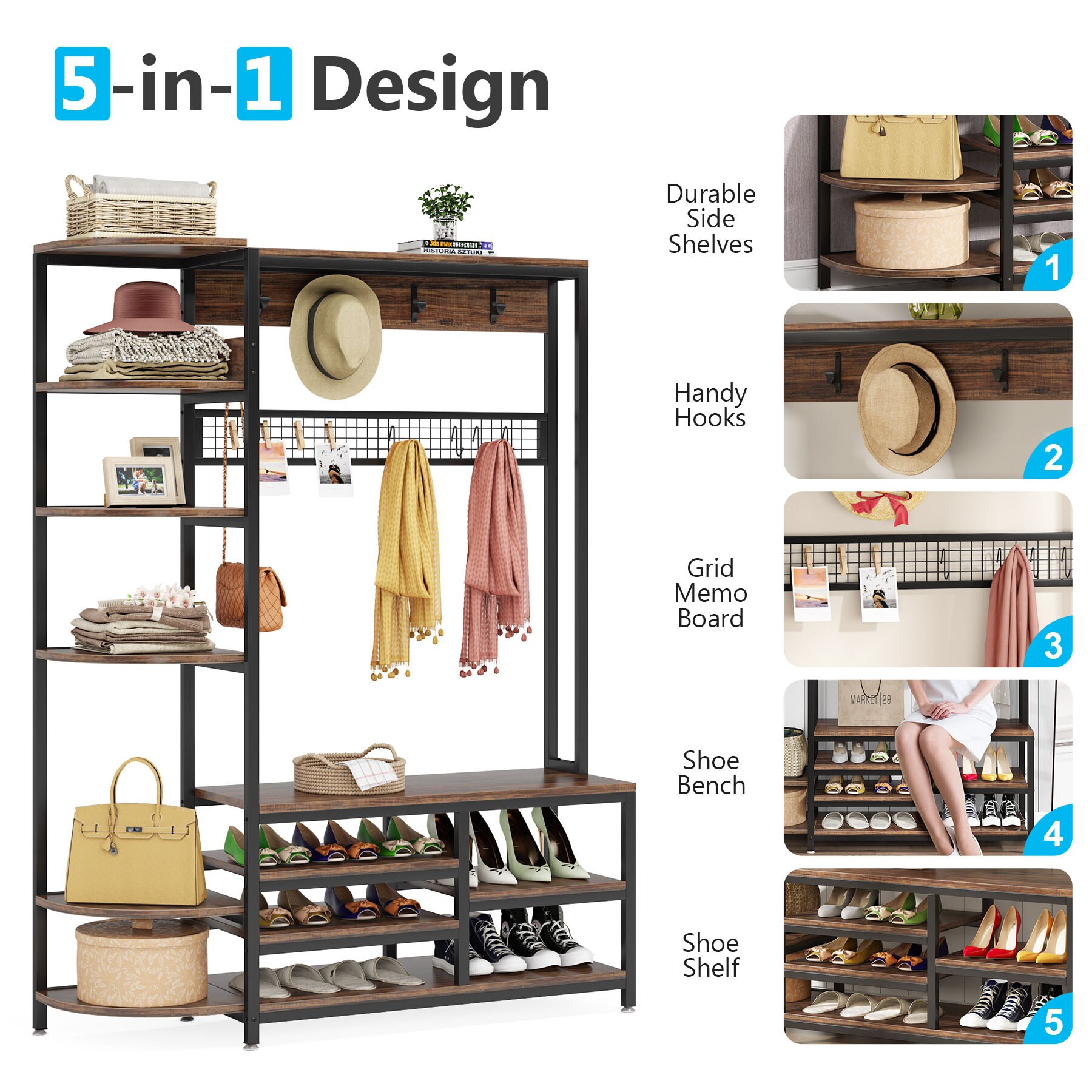 Tribesigns Way to Origin Brown 4-in-1 Entryway Coat Rack with Shoe Bench and Hutch, Vintage Industrial Wood Accent Furniture with Metal Frame