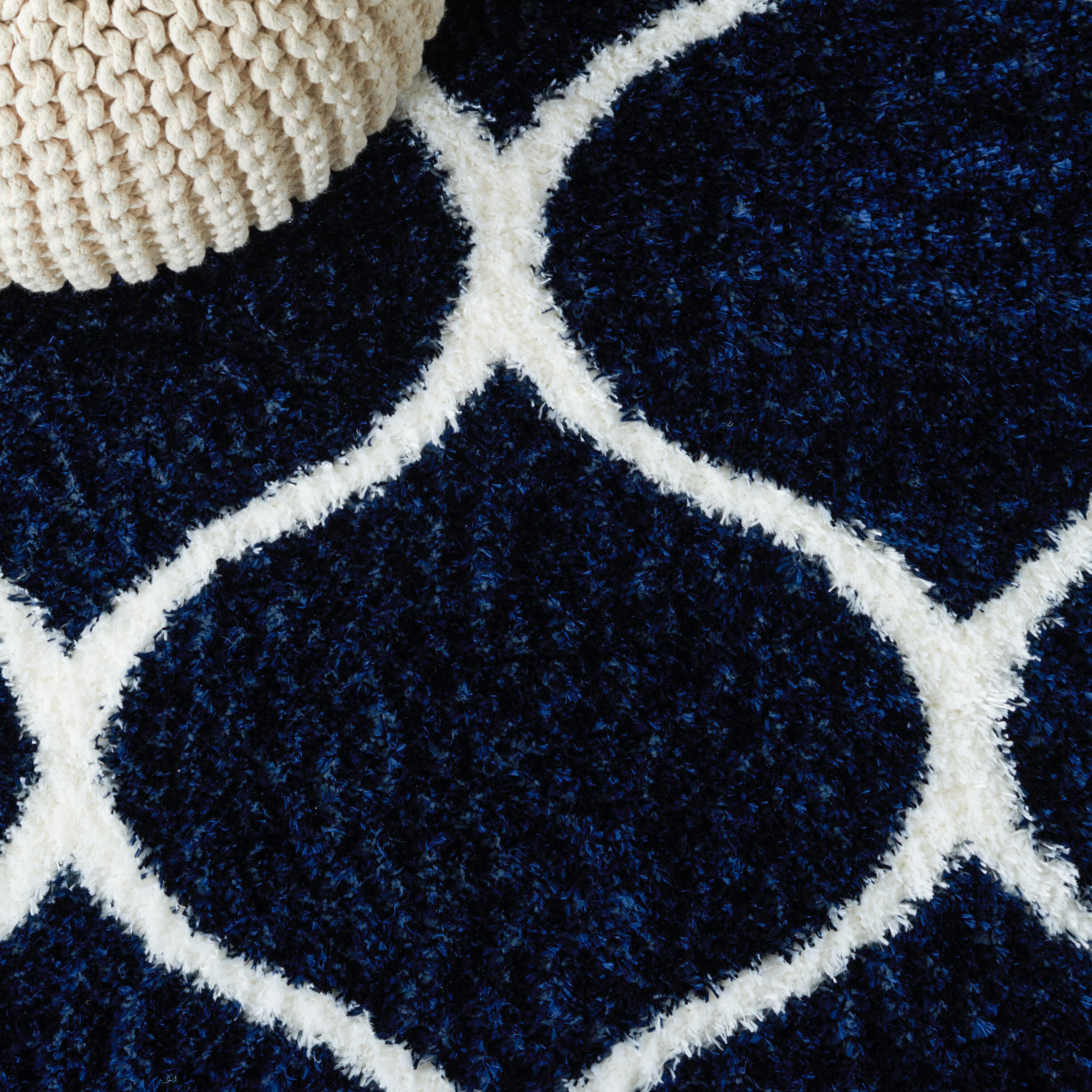 Navy and White Geometric Shag Runner Rug 2' x 9'