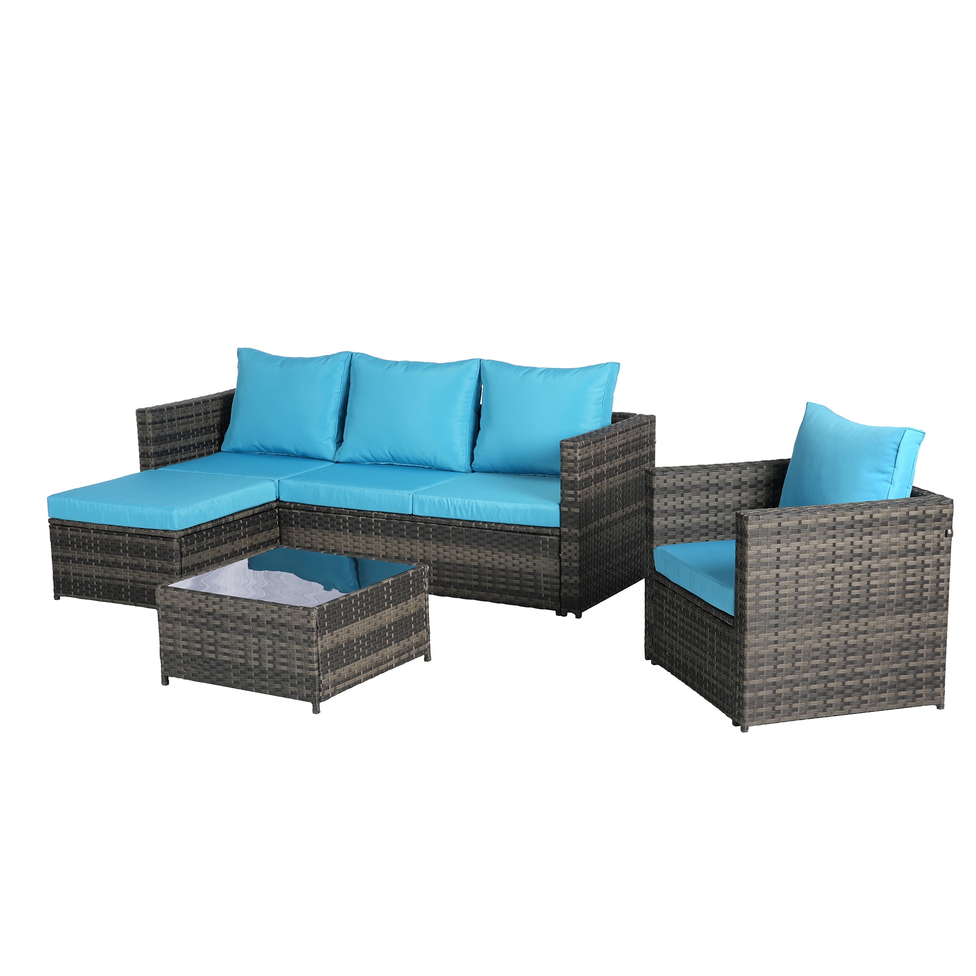 SINOFURN SYB670029BL 4 -Piece Wicker Patio Sofa Conversation Set with Blue Cushions