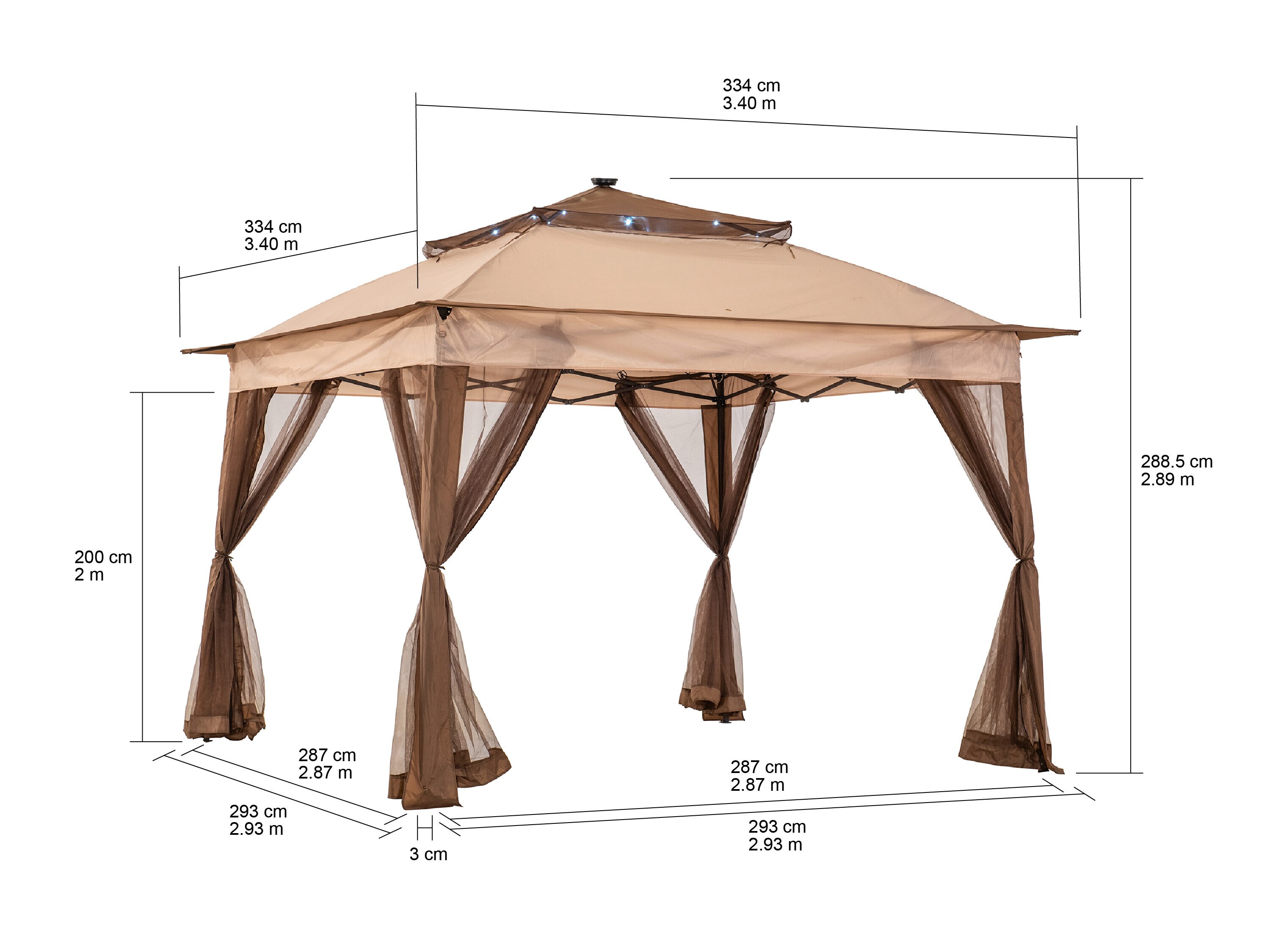 Brown Steel Frame Pop-Up Gazebo with Solar LED Lighting