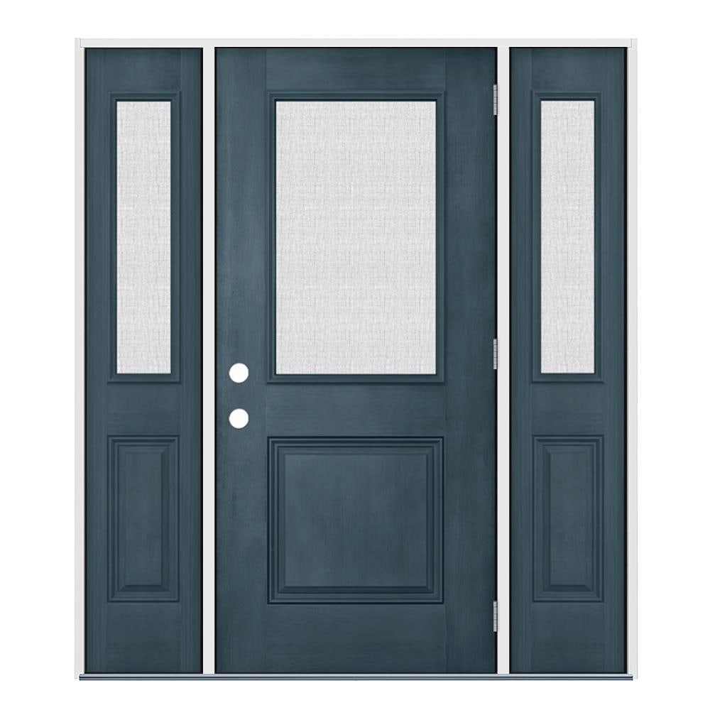 JELD-WEN LOWOLJW231800040 64-in x 80-in x 4-9/16-in Fiberglass Half Lite Left-Hand Outswing Denim Stained Prehung Front Door with Sidelights Insulating Core