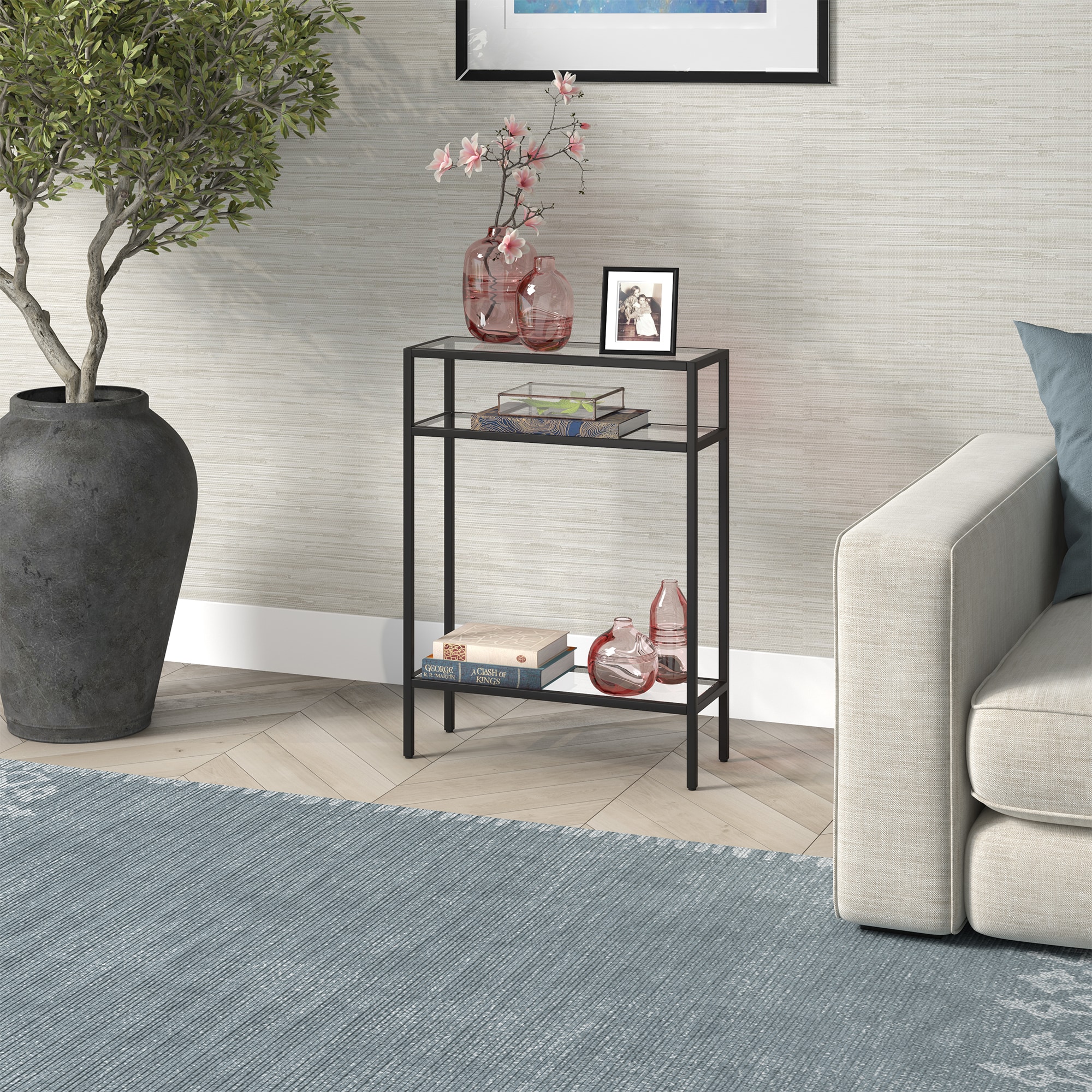Blackened Bronze Glass Console Table with Storage, 29.5" Height