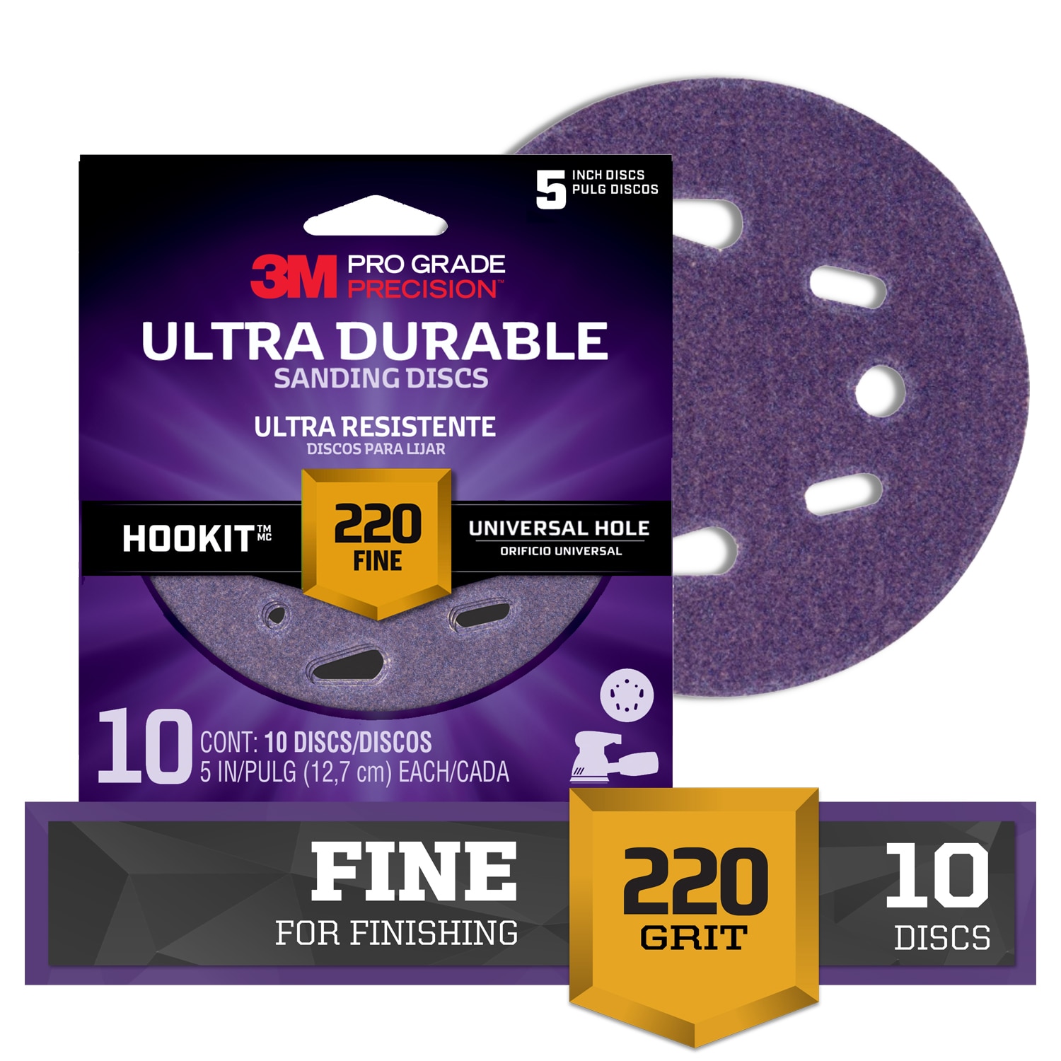 3M DUH5220TRI-10I PRO Grade Precision Very fine 220 -Grit Disc Sandpaper 5-in W x 5-in L 10 -Pack