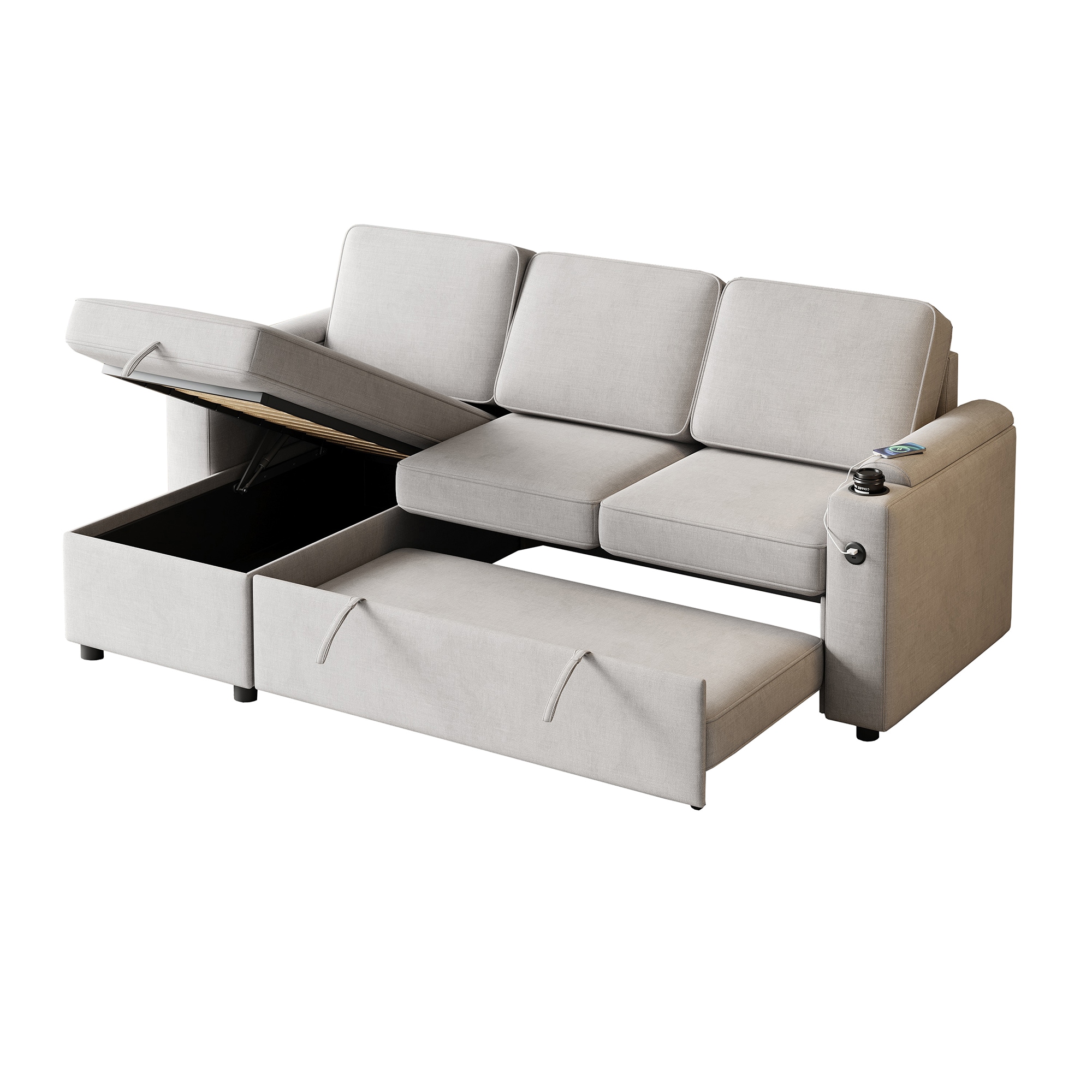 Bybafun YA3700353 85.5-Inches Modern Light Gray 3 -seater Reclining Sleeper