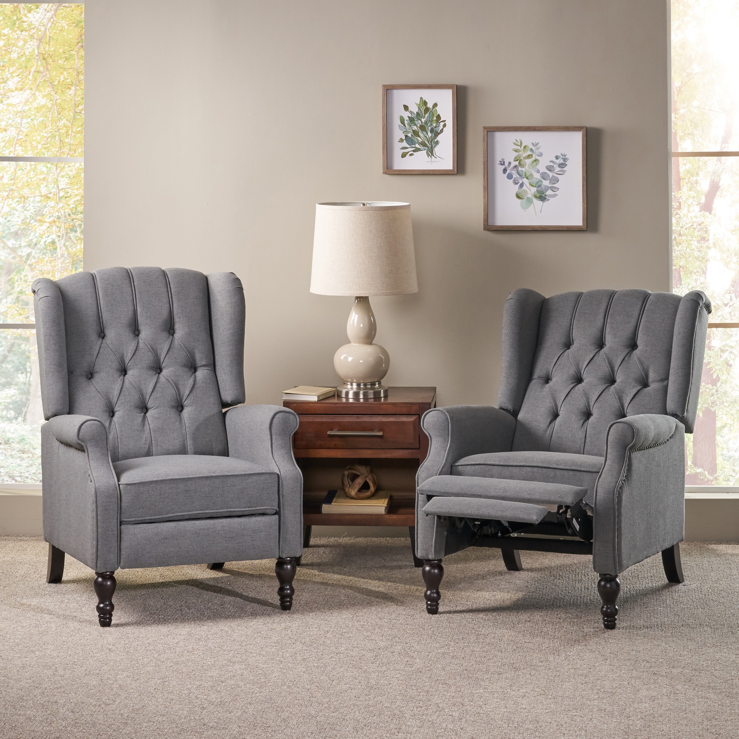 Elizabeth Charcoal Tufted Wingback Wood Recliner with Nailhead Accents