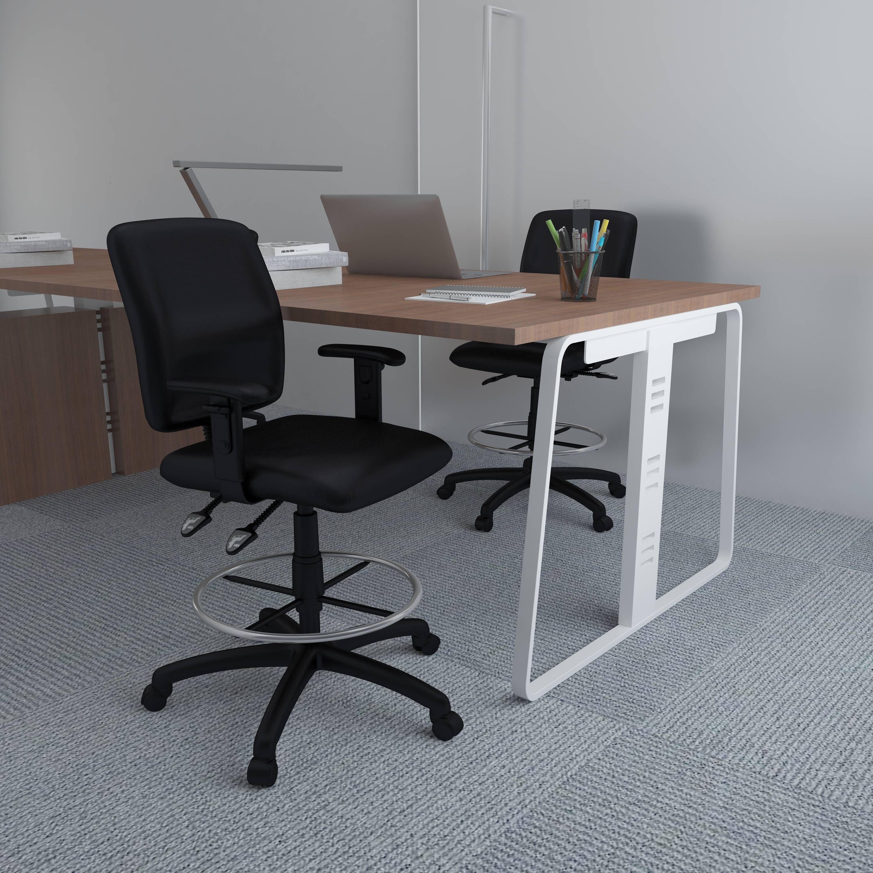 Black Fabric Multi-Function Drafting Stool with Adjustable Arms