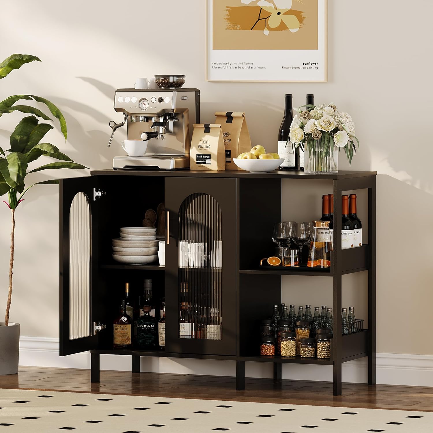 IdealHouse Modern Wooden Sideboard Buffet Cabinet With Glass Doors 2 Metal Handles Adjustable Shelves For Living Room Kitchen Dining Room #WEHHZ-H5156TXW327N