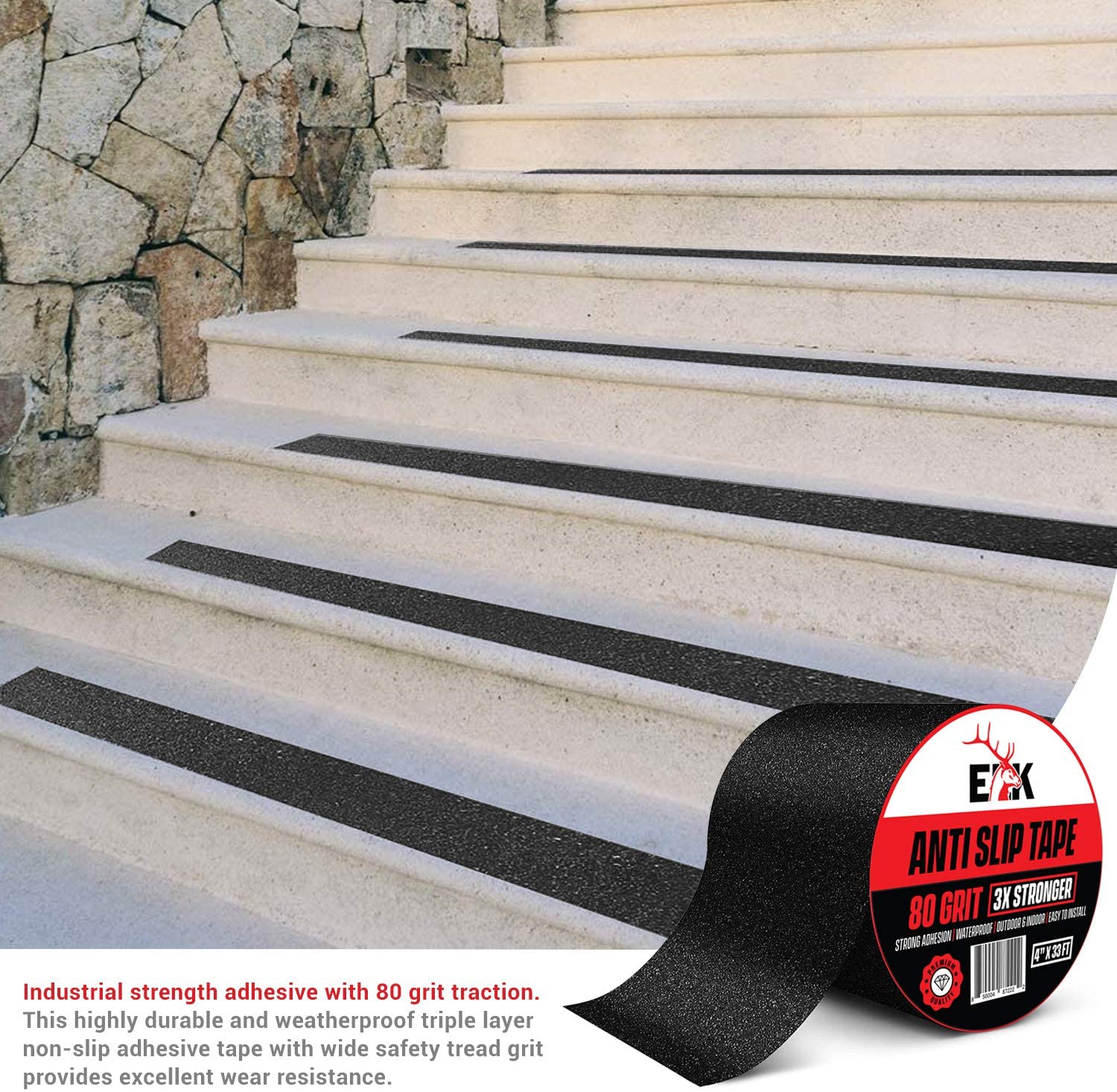 KABB Anti Slip Traction Tape with Reflective Stripe, 4 Inch x 33 Foot, Best Grip  Tape Grit Non Slip, Outdoor Non Skid Treads, High Traction Friction  Abrasive Adhesive for Stairs Step, Black 