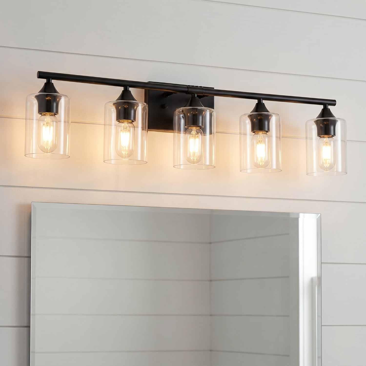 Lirago 5 Light Matte Black Bathroom Vanity Light Reversible Mount Solid Metal Wall Fixture with Clear Cylinder Glass Shades Wall Lighting for Extra Wide Vanity Mirror No light bulb