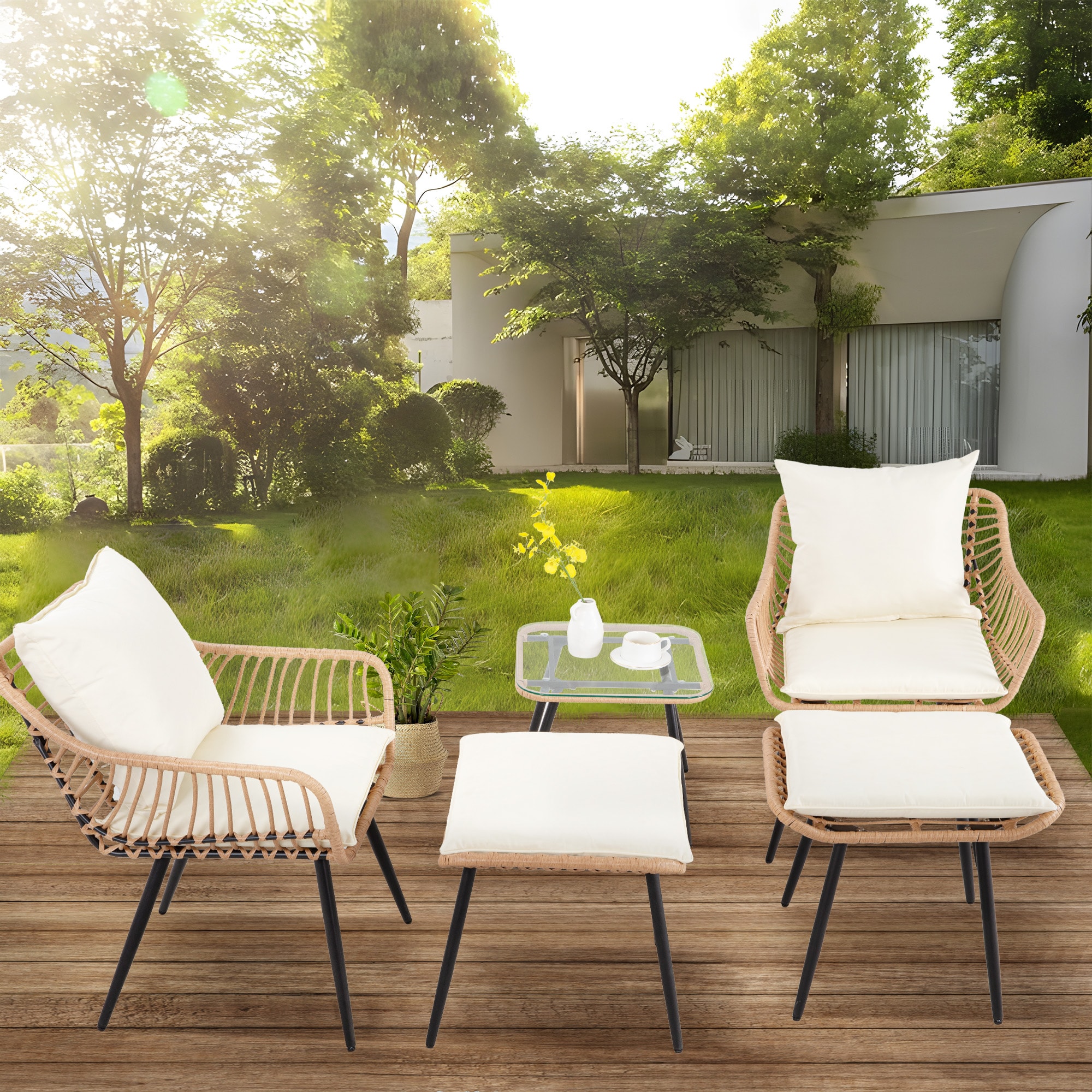 EarlGrove DJ-245002BRBE 5 -Piece Wicker Patio Conversation Set with Beige Cushions