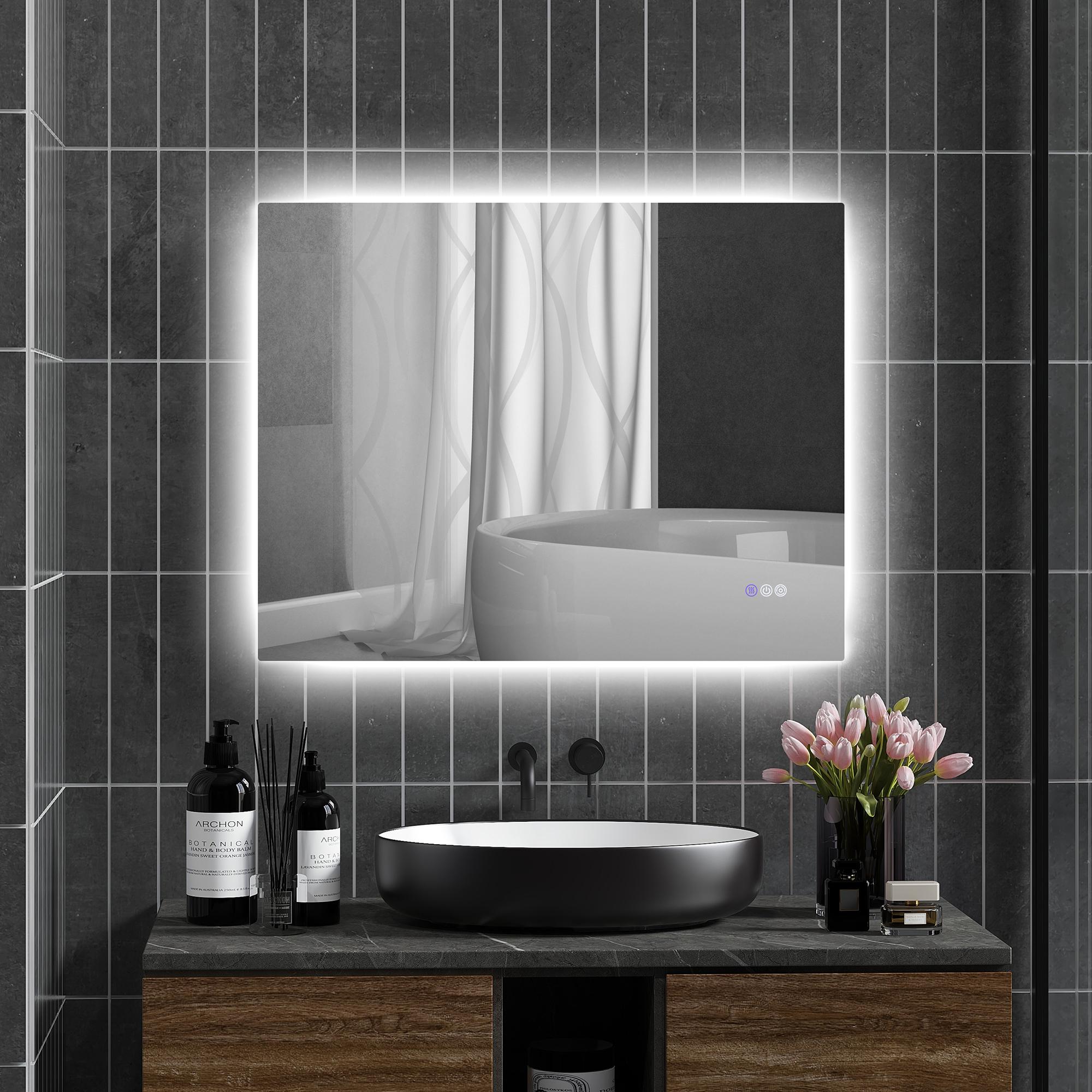 Bayfeve BF-229671-MIR LED Bathroom Mirror 35.4-in x 27.6-in Polished Frameless Rectangle Dimmable LED Lighted Fog Free Bathroom Vanity Mirror ( Clear )
