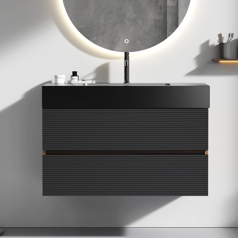 GDFStudio 328464 Grace Modern Floating Bathroom Vanity 36 inch Walnut with Matt Black Quartz Sink and Soft Black Drawers