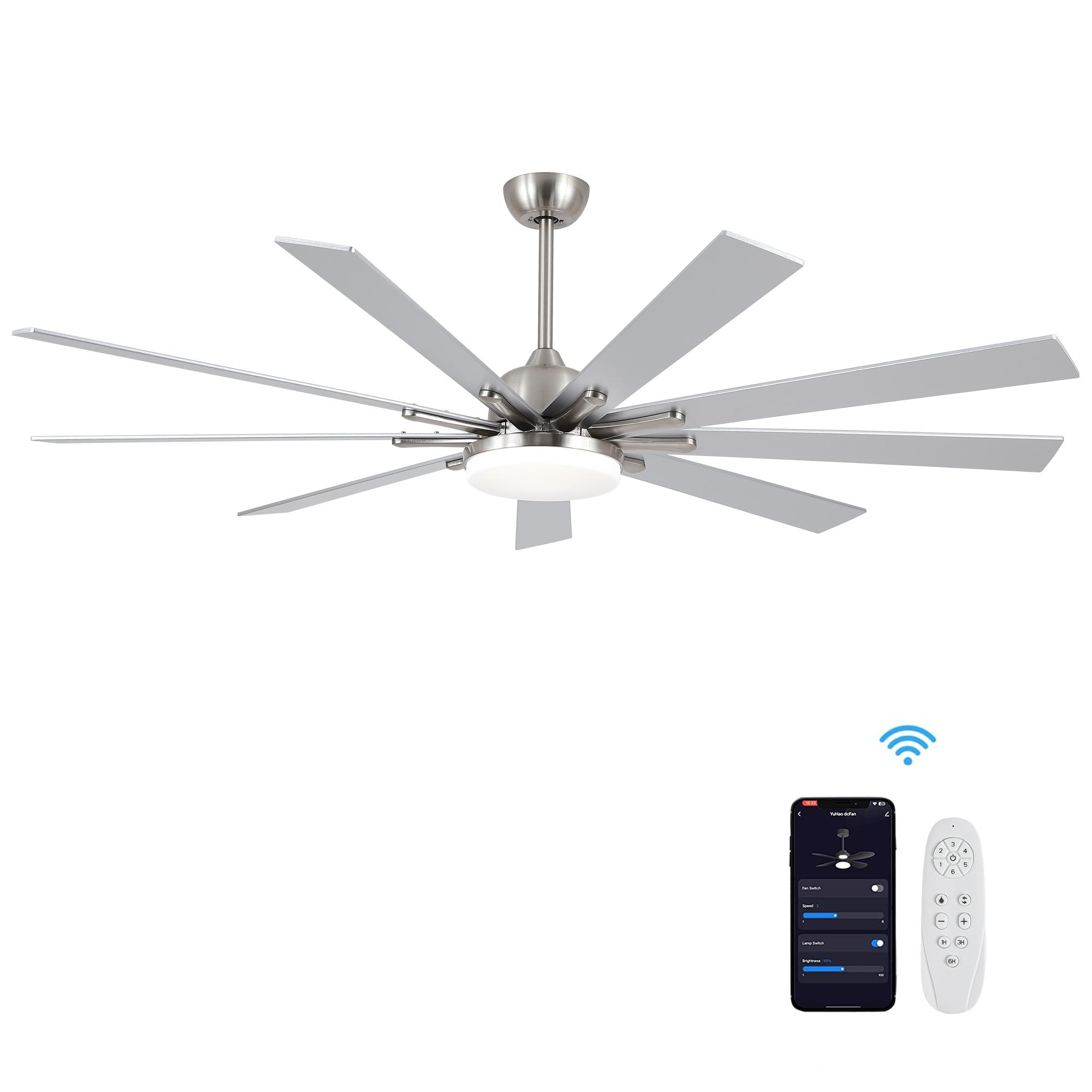 Bayfeve BFYH-39017-CF Adjustable Speed 72-in Color-Changing Integrated LED Outdoor Smart Brushed Nickel with Gray Plywood Blades Ceiling Fan With Light and Remote ( 9 -Blade )